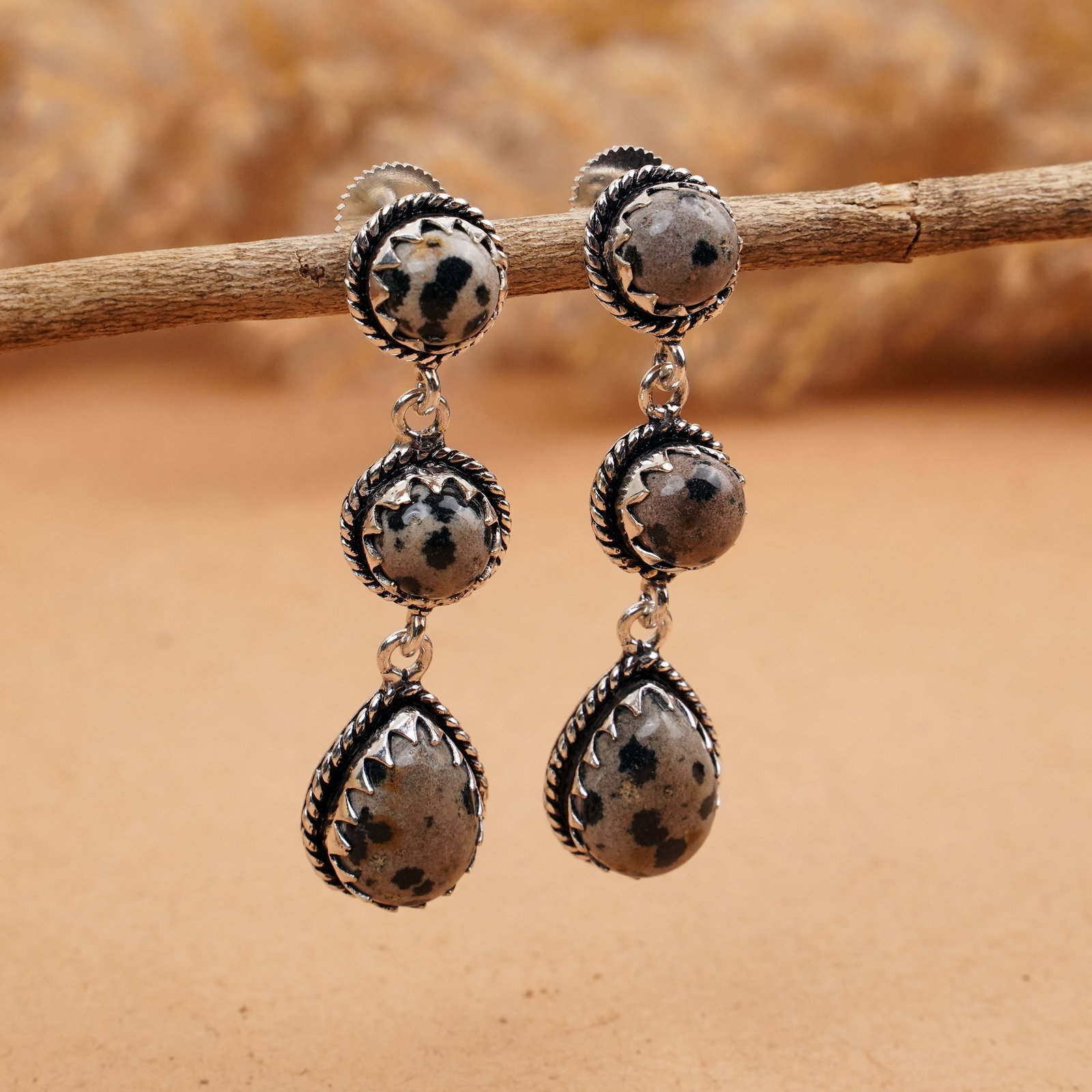 Natural Dalmatian Jasper Silver Plated Handmade Stud Earring: Product ID: 260410130703 Product - Handmade Silver Plated Stud Earring Metal - 925 Sterling Silver Plated Earring Type - Stud Gemstone - Dalmatian Gemstone Origin - Mexico Gemstone Size - 10X14 MM ( 2