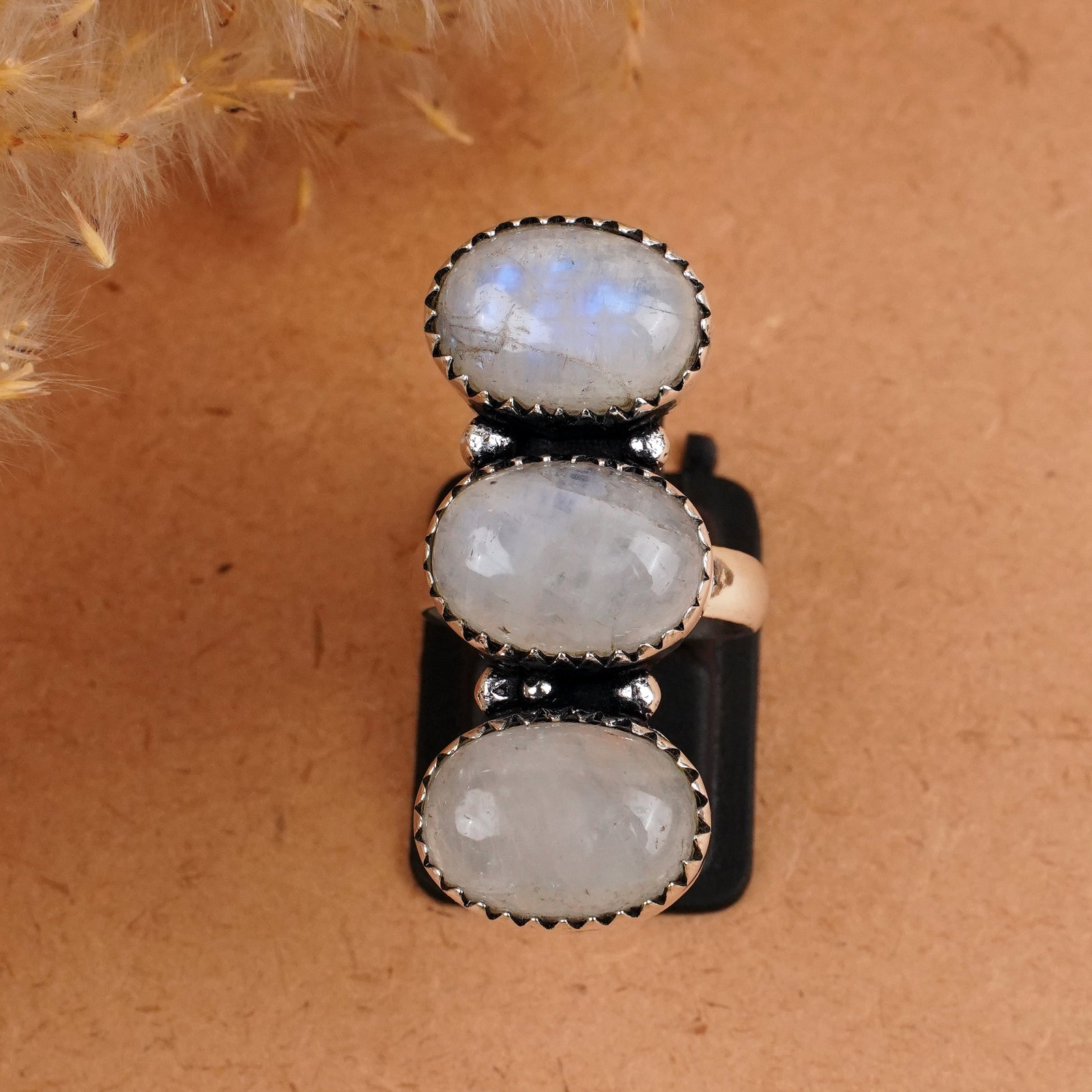 Natural Rainbow Moonstone Silver Plated Handmade Ring - 7.5MM: Product ID: 260409152736 Product - Handmade Silver Plated Ring Metal - 925 Sterling Silver Plated Ring Size - 7.5MM Gemstone - Rainbow Moonstone Gemstone Origin - India Gemstone Size - 10X14 MM ( 3 St