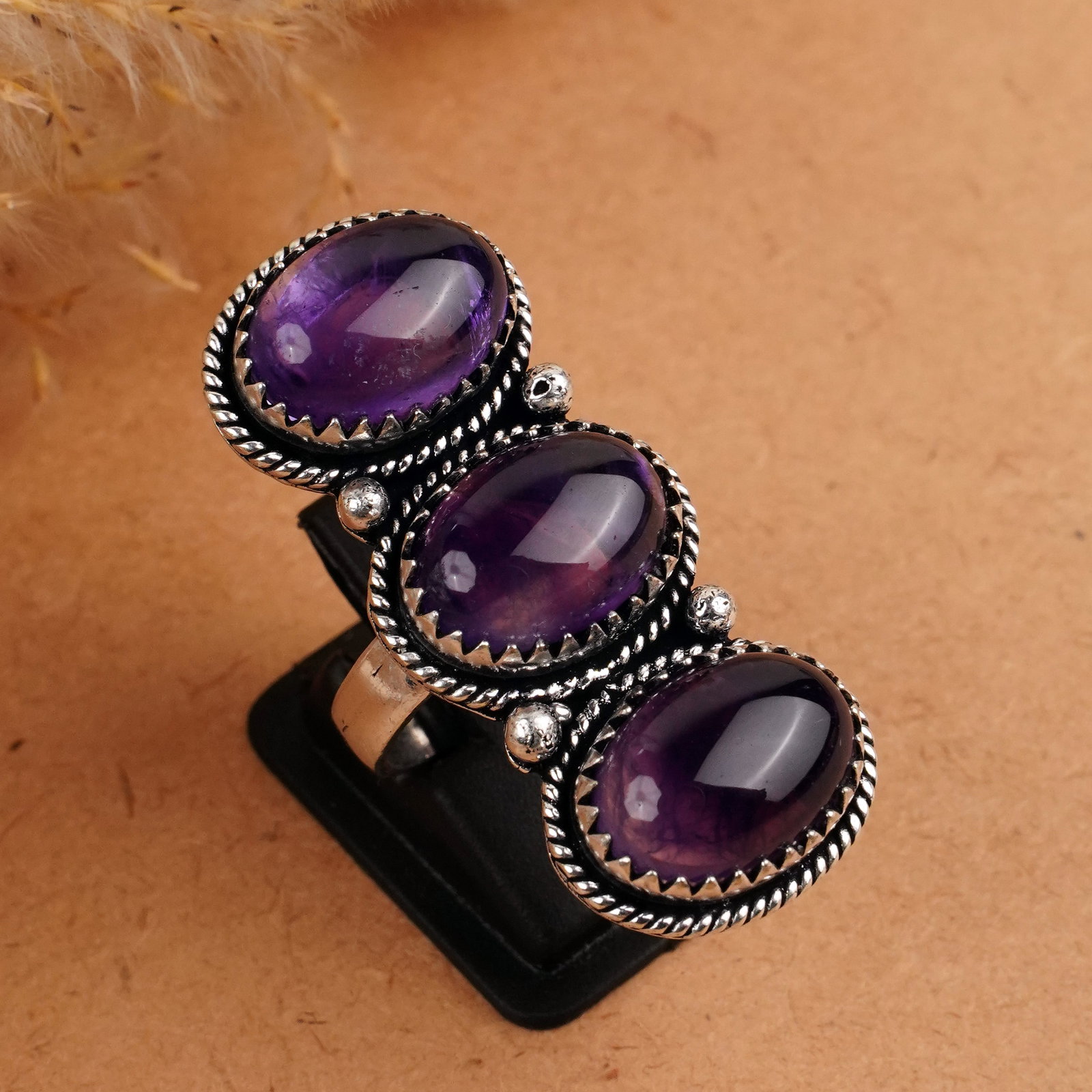 Natural Amethyst Silver Plated Handmade Ring - 7MM: Product ID: 260409152509 Product - Handmade Silver Plated Ring Metal - 925 Sterling Silver Plated Ring Size - 7MM Gemstone - Amethyst Gemstone Origin - Brazil Gemstone Size - 10X14 MM ( 3 Stone ) Gems