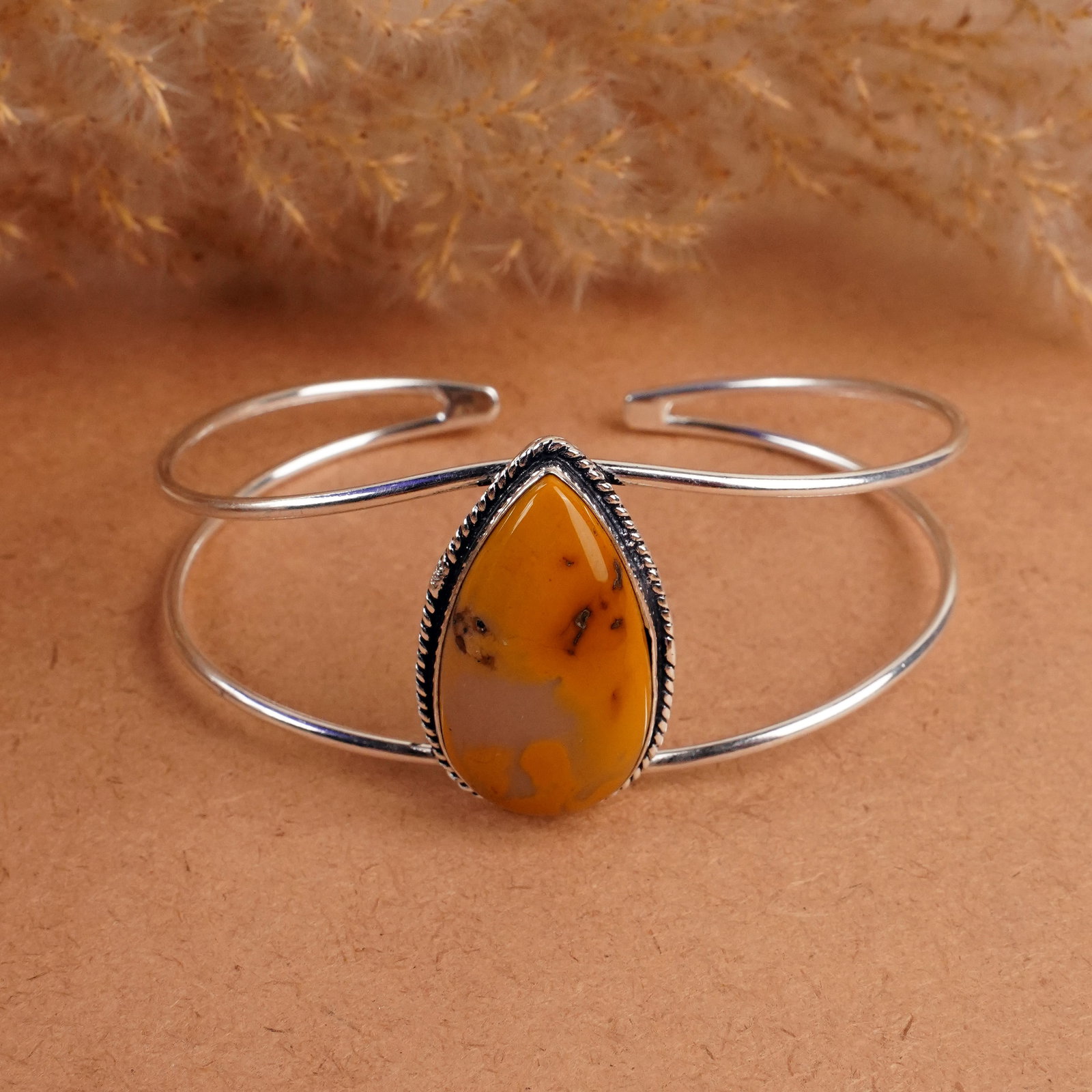 Natural Honey Dahlia Turquoise Silver Plated Handmade Cuff Bangle: Product ID: 260408143547 Product - Handmade Silver Plated Cuff Bangle Metal - 925 Sterling Silver Plated Bangle Size - 7x5 CM (Adjustable) Gemstone - Honey Dahlia Turquoise Gemstone Origin - Arizona G