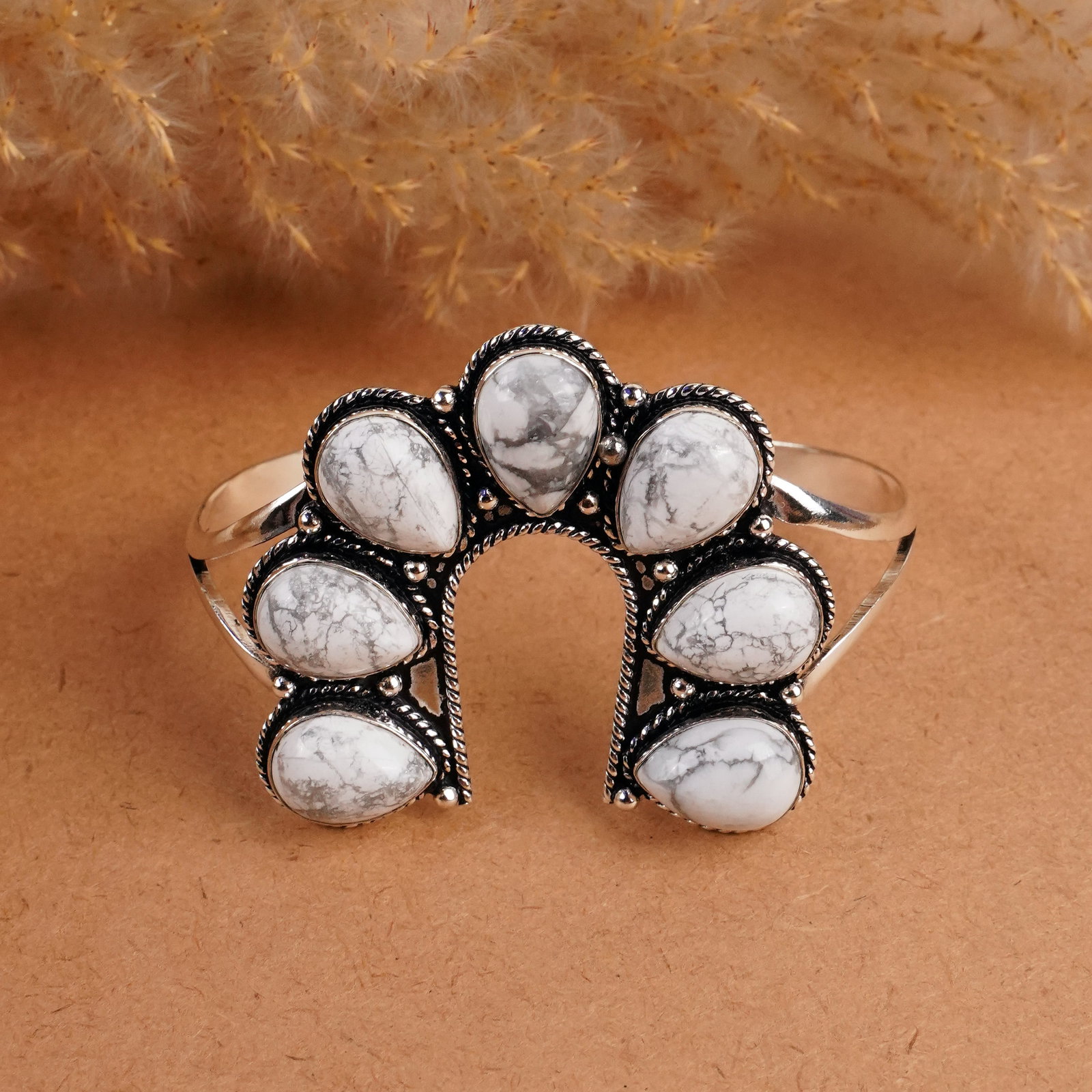 Natural Howlite Silver Plated Handmade Cuff Bangle: Product ID: 260408143244 Product - Handmade Silver Plated Cuff Bangle Metal - 925 Sterling Silver Plated Bangle Size - 6.5x4.5CM (Adjustable) Gemstone - Howlite Gemstone Origin - Cadana Gemstone Size 