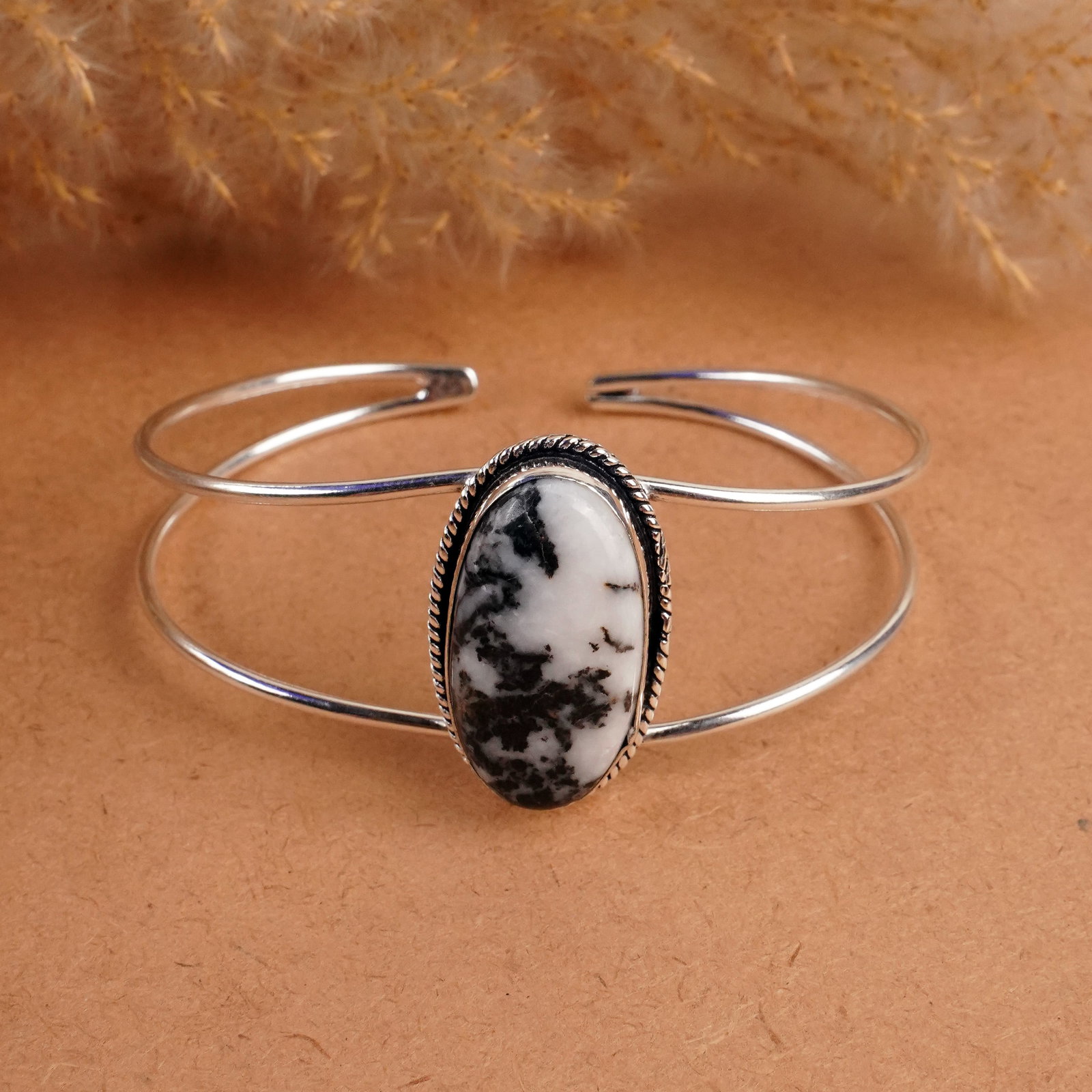 Natural Zebra Jasper Silver Plated Handmade Pendant: Product ID: 260408143036 Product - Handmade Silver Plated Cuff Bangle Metal - 925 Sterling Silver Plated Bangle Size - 7x5 CM (Adjustable) Gemstone - Zebra Jasper Gemstone Origin - Africa Gemstone Siz