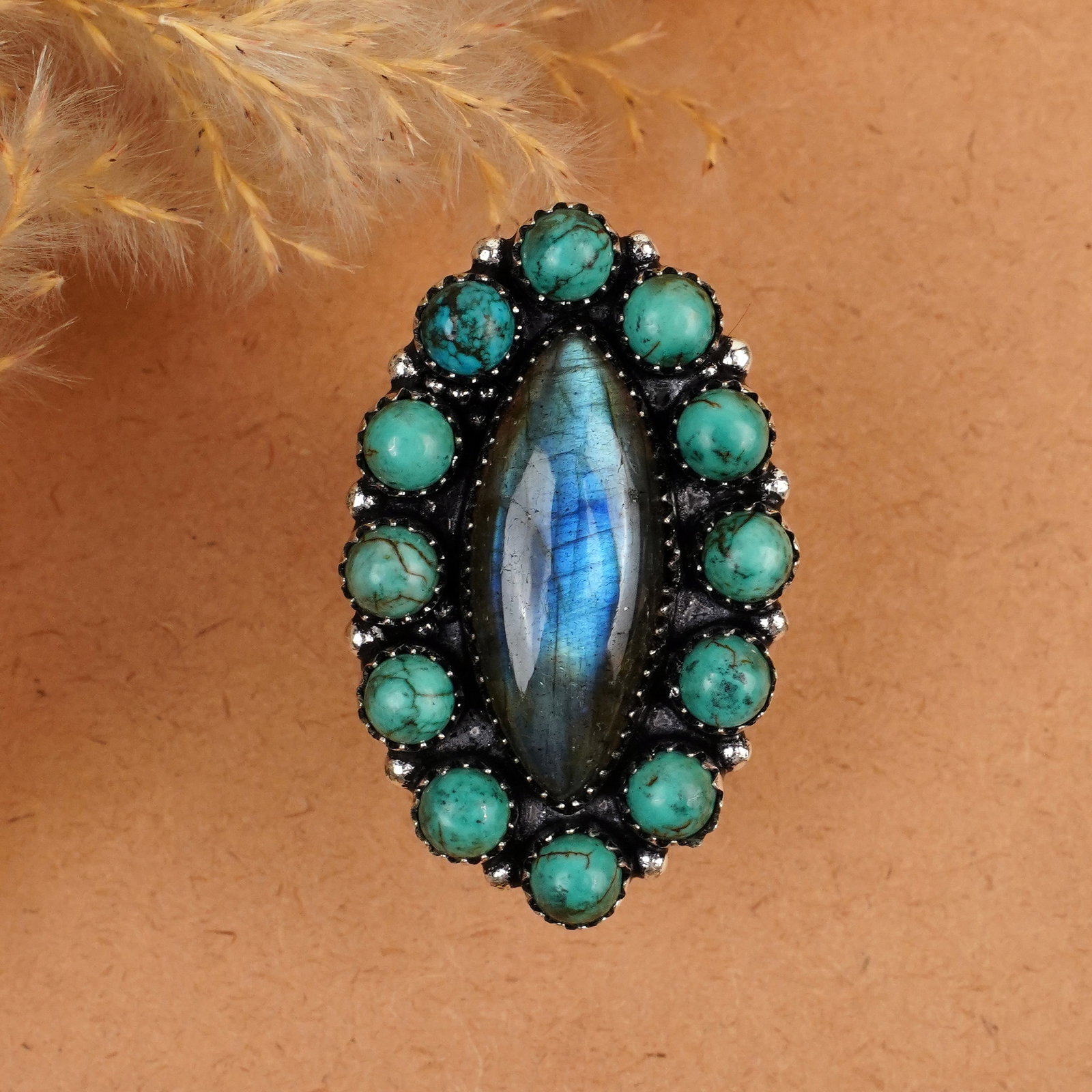 Natural Labradorite & Turquoise Silver Plated Handmade Ring - 7.5MM: Product ID: 260410184427 Product - Handmade Silver Plated Ring Metal - 925 Sterling Silver Plated Ring Size - 7.5MM Gemstone - Labradorite / Turquoise Gemstone Origin - Canada Gemstone Size - 3X1CM / 