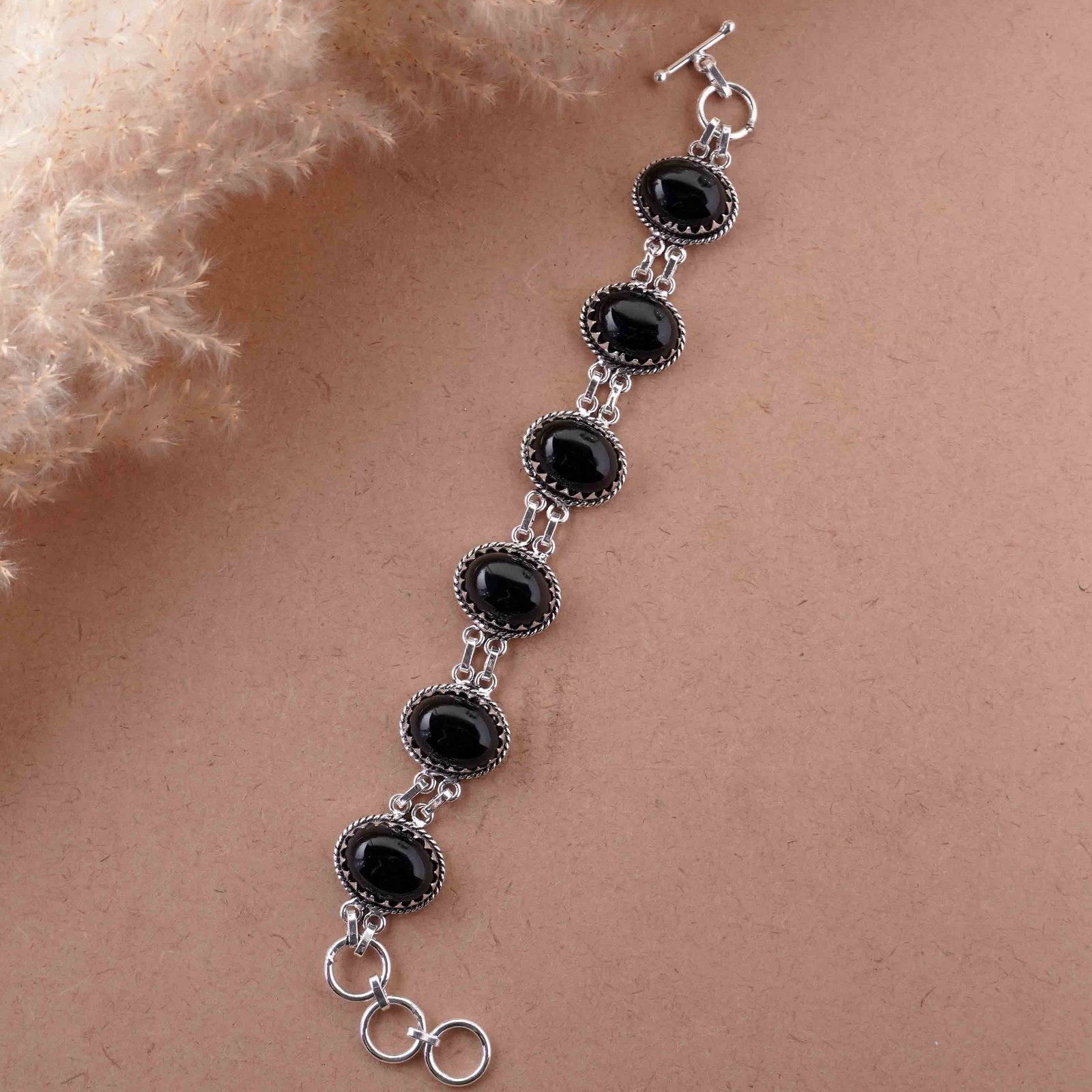 Natural Black Onyx Sterling Silver Plated Handmade Bracelet: Product ID: 260418121415 Product - Handmade Silver Plated Bracelet Metal - 925 Sterling Silver Plated Bracelet Length - 6 Inch + 2 Inch Gemstone - Black Onyx Gemstone Size -12X16 MM ( 6 Stone) Gemston