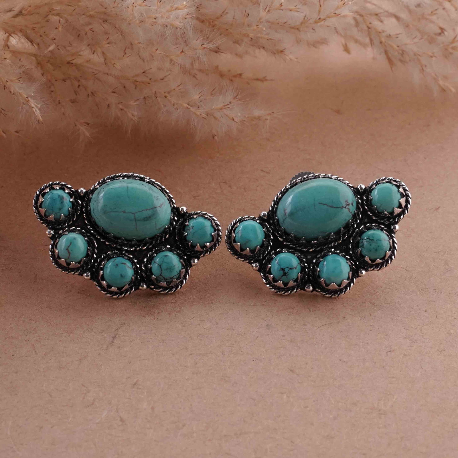 Natural Turquoise Silver Plated Handmade Stud Earring: Product ID: 260418103411 Product - Handmade Silver Plated Stud Earring Metal - 925 Sterling Silver Plated Earring Type - Stud Gemstone - Turquoise Gemstone Origin - Tibet Gemstone Size - 12X16 MM ( 2 