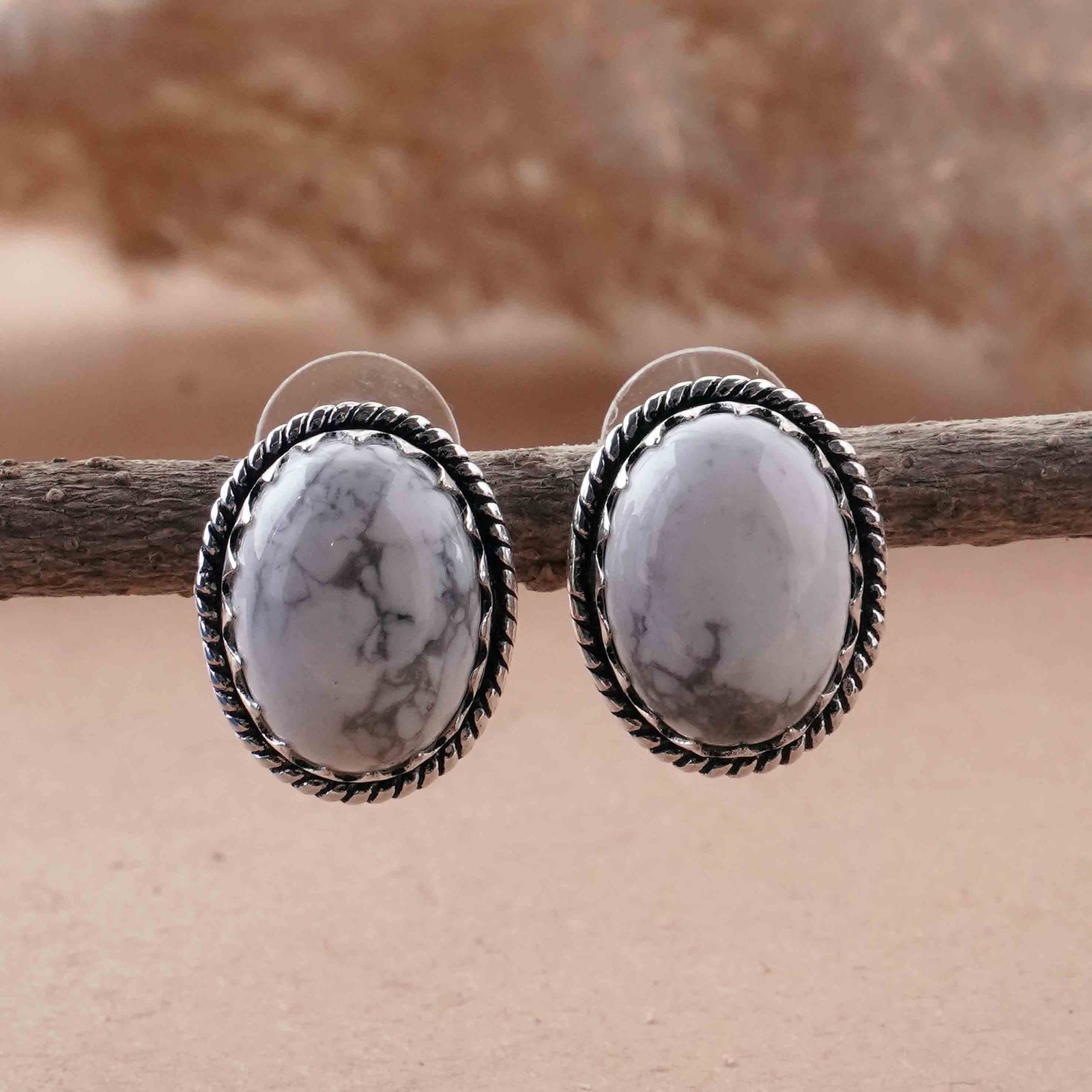 Natural Howlite Silver Plated Handmade Stud Earring: Product ID: 260418102510 Product - Handmade Silver Plated Stud Earring Metal - 925 Sterling Silver Plated Earring Type - Stud Gemstone - Howlite Gemstone Origin - Canada Gemstone Size - 12X16 MM ( 2 S