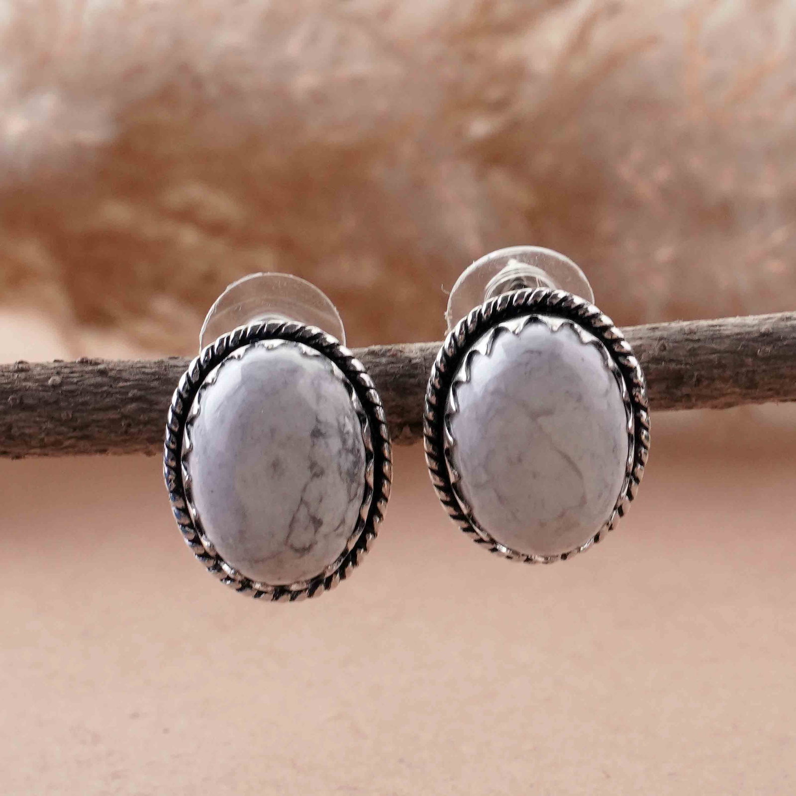 Natural Howlite Silver Plated Handmade Stud Earring: Product ID: 260418102401 Product - Handmade Silver Plated Stud Earring Metal - 925 Sterling Silver Plated Earring Type - Stud Gemstone - Howlite Gemstone Origin - Canada Gemstone Size - 12X16 MM ( 2 S