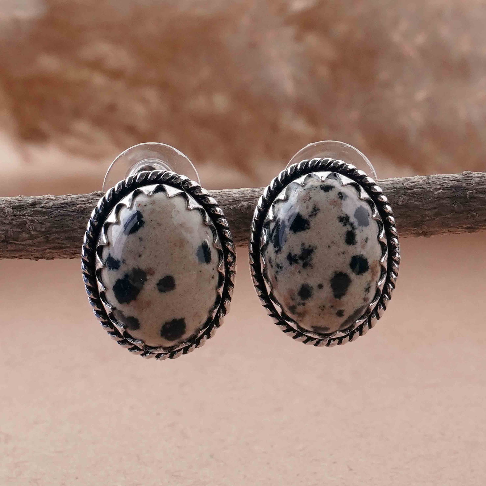 Natural Dalmatian Jasper Silver Plated Handmade Stud Earring: Product ID: 260418102208 Product - Handmade Silver Plated Stud Earring Metal - 925 Sterling Silver Plated Earring Type - Stud Gemstone - Dalmatian Jasper Gemstone Origin - Mexico Gemstone Size - 12X16