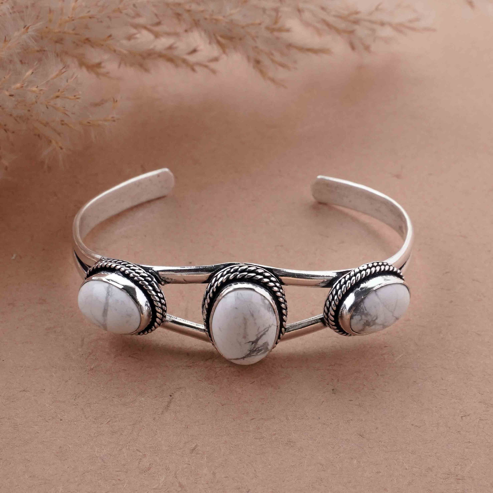 Natural Howlite Silver Plated Handmade Cuff Bangle: Product ID: 260417181126 Product - Handmade Silver Plated Cuff Bangle Metal - 925 Sterling Silver Plated Bangle Size - 6.5x4.5 CM (Adjustable) Gemstone - Howlite Gemstone Origin - Canada Gemstone Size