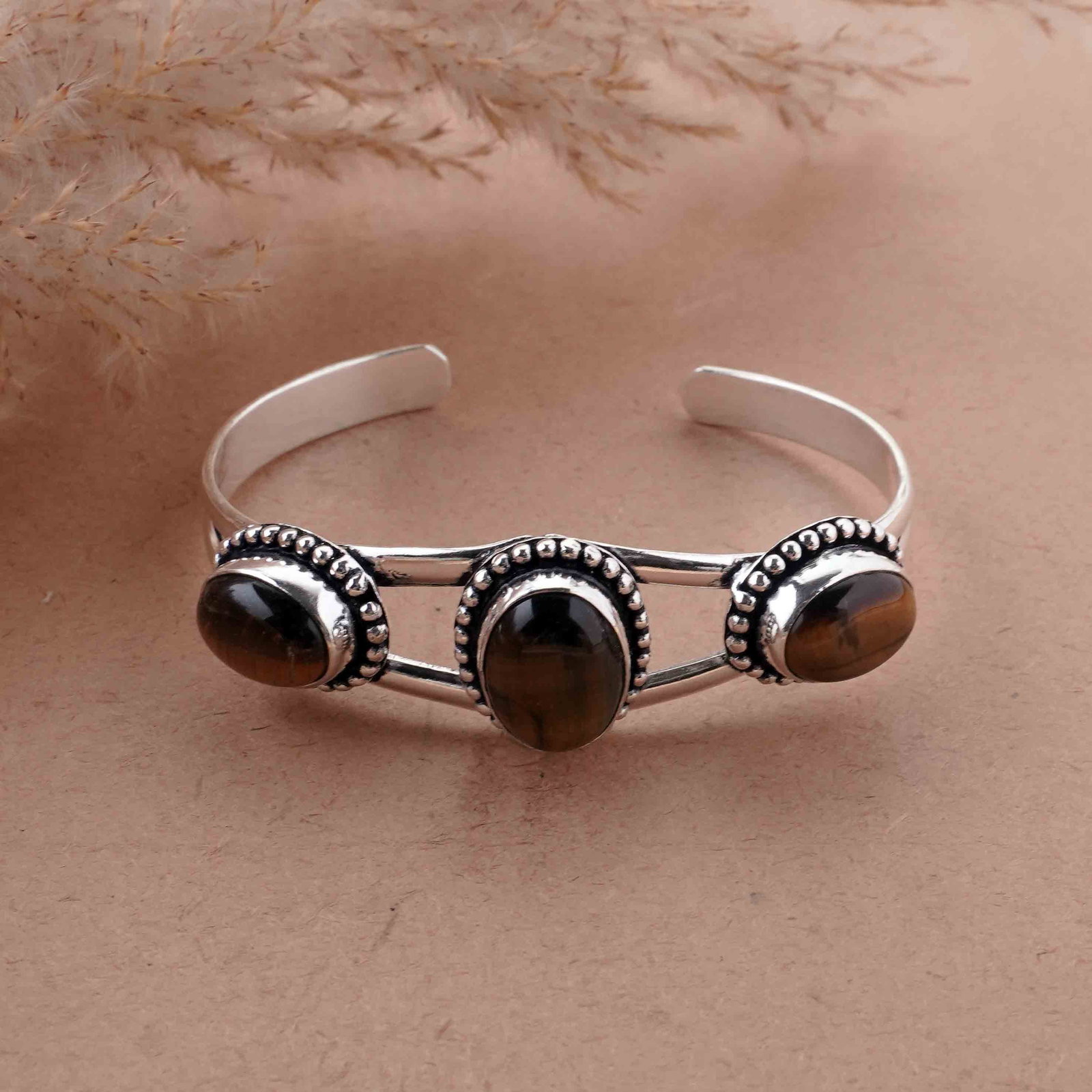 Natural Tiger Eye Silver Plated Handmade Cuff Bangle (1 of 4)