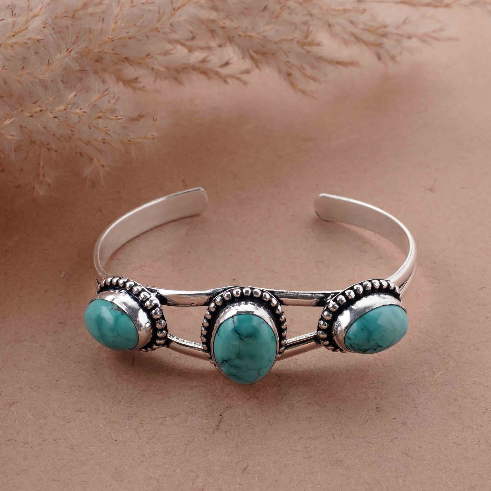 Natural Turquoise Silver Plated Handmade Cuff Bangle: Product ID: 260417181017 Product - Handmade Silver Plated Cuff Bangle Metal - 925 Sterling Silver Plated Bangle Size - 6.5x4.5 CM (Adjustable) Gemstone - Turquoise Gemstone Origin - Tibet Gemstone Siz
