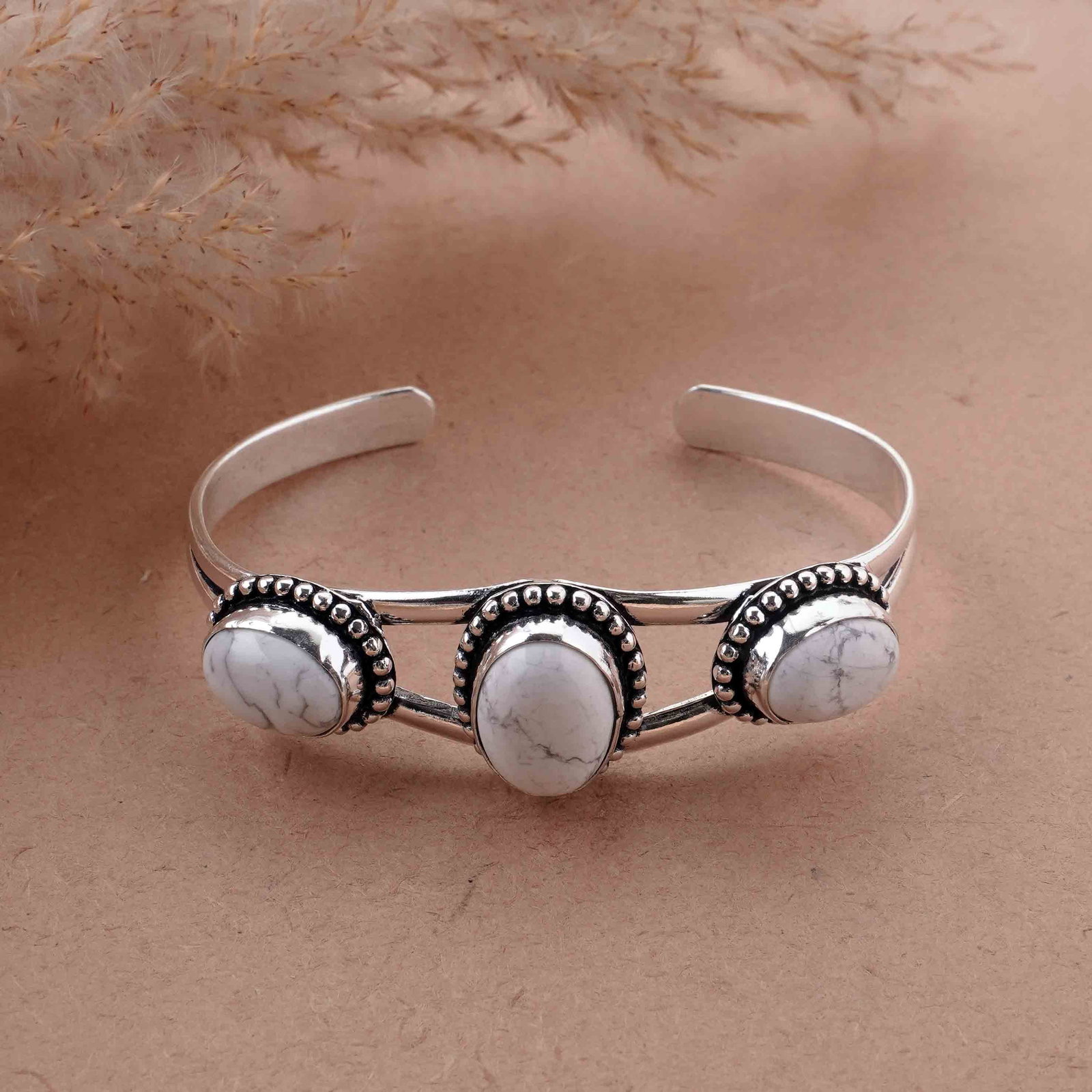 Natural Howlite Silver Plated Handmade Cuff Bangle: Product ID: 260417180921 Product - Handmade Silver Plated Cuff Bangle Metal - 925 Sterling Silver Plated Bangle Size - 6.5x4.5 CM (Adjustable) Gemstone - Howlite Gemstone Origin - Canada Gemstone Size