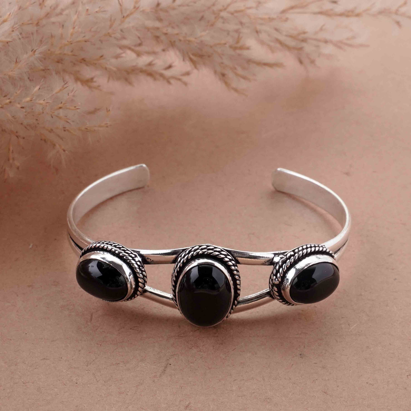 Natural Black Onyx Silver Plated Handmade Cuff Bangle: Product ID: 260417180818 Product - Handmade Silver Plated Cuff Bangle Metal - 925 Sterling Silver Plated Bangle Size - 6.5x4.5 CM (Adjustable) Gemstone - Black Onyx Gemstone Origin - India Gemstone Si