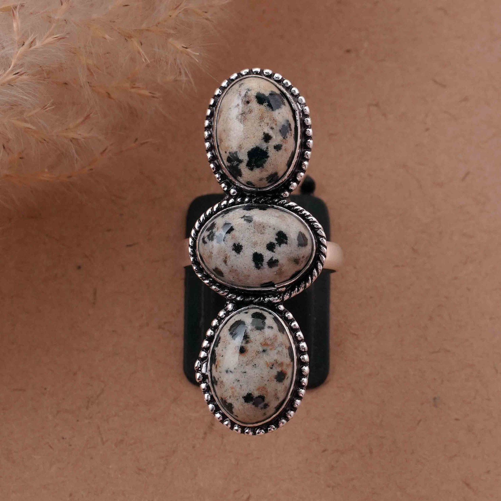 Natural Dalmatian Jasper Silver Plated Handmade Ring - 9MM: Product ID: 260417131326 Product - Handmade Silver Plated Ring Metal - 92.5 Sterling Silver Plated Ring Size - 9MM Gemstone - Dalmatian Gemstone Origin - Mexico Gemstone Size - 10X14 MM ( 3 Stone ) Ge