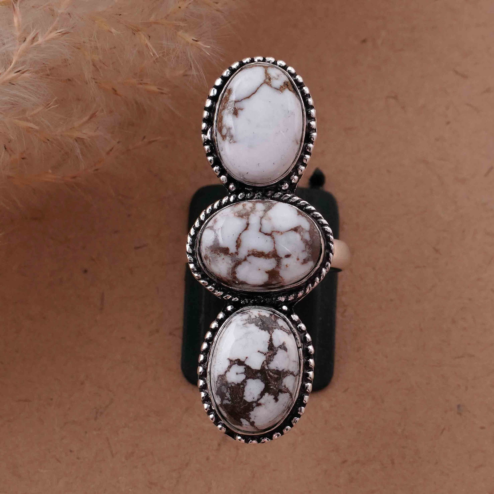 Natural Wild Horse Silver Plated Handmade Ring - 8MM: Product ID: 260417130624 Product - Handmade Silver Plated Ring Metal - 925 Sterling Silver Plated Ring Size - 8MM Gemstone - Wild Horse Gemstone Origin - United States Gemstone Size - 10X14 MM ( 3 Sto