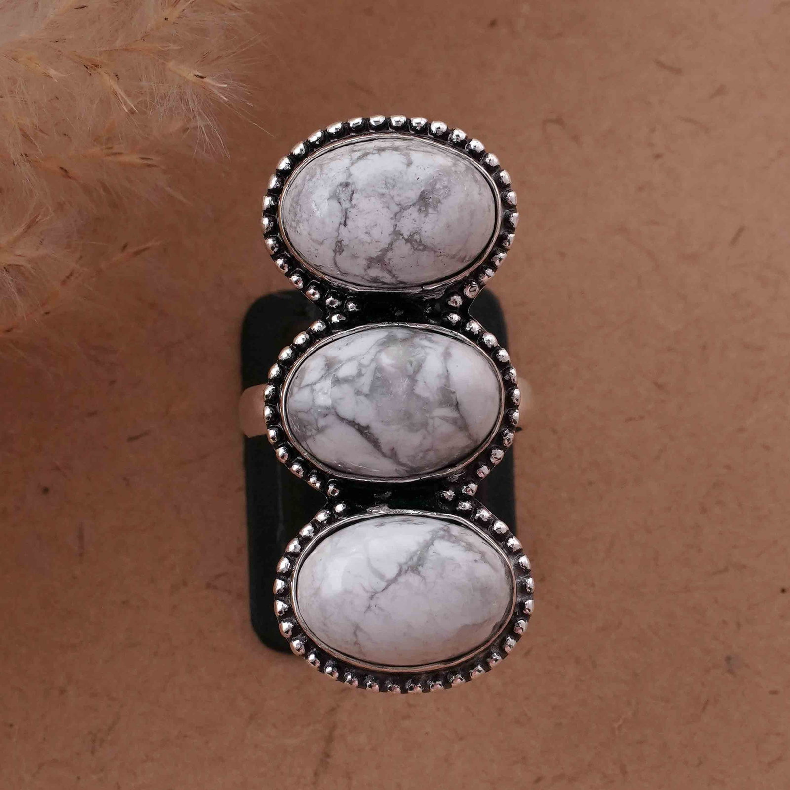 Natural Howlite Silver Plated Handmade Ring - 7.5MM: Product ID: 260417130509 Product - Handmade Silver Plated Ring Metal - 92.5 Sterling Silver Plated Ring Size - 7.5MM Gemstone - Howlite Gemstone Origin - Canada Gemstone Size - 10X14 MM ( 3 Stone ) Ge