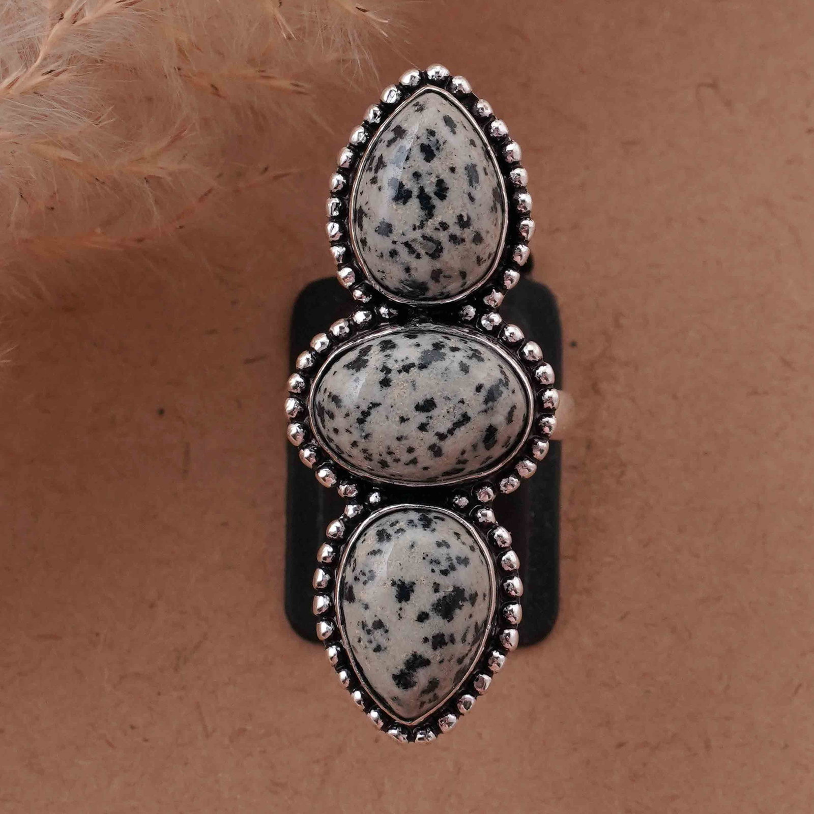 Natural Dalmatian Jasper Silver Plated Handmade Ring - 7MM: Product ID: 260417125940 Product - Handmade Silver Plated Ring Metal - 92.5 Sterling Silver Plated Ring Size - 7MM Gemstone - Dalmatian Gemstone Origin - Mexico Gemstone Size - 10X14 MM ( 3 Stone ) Ge