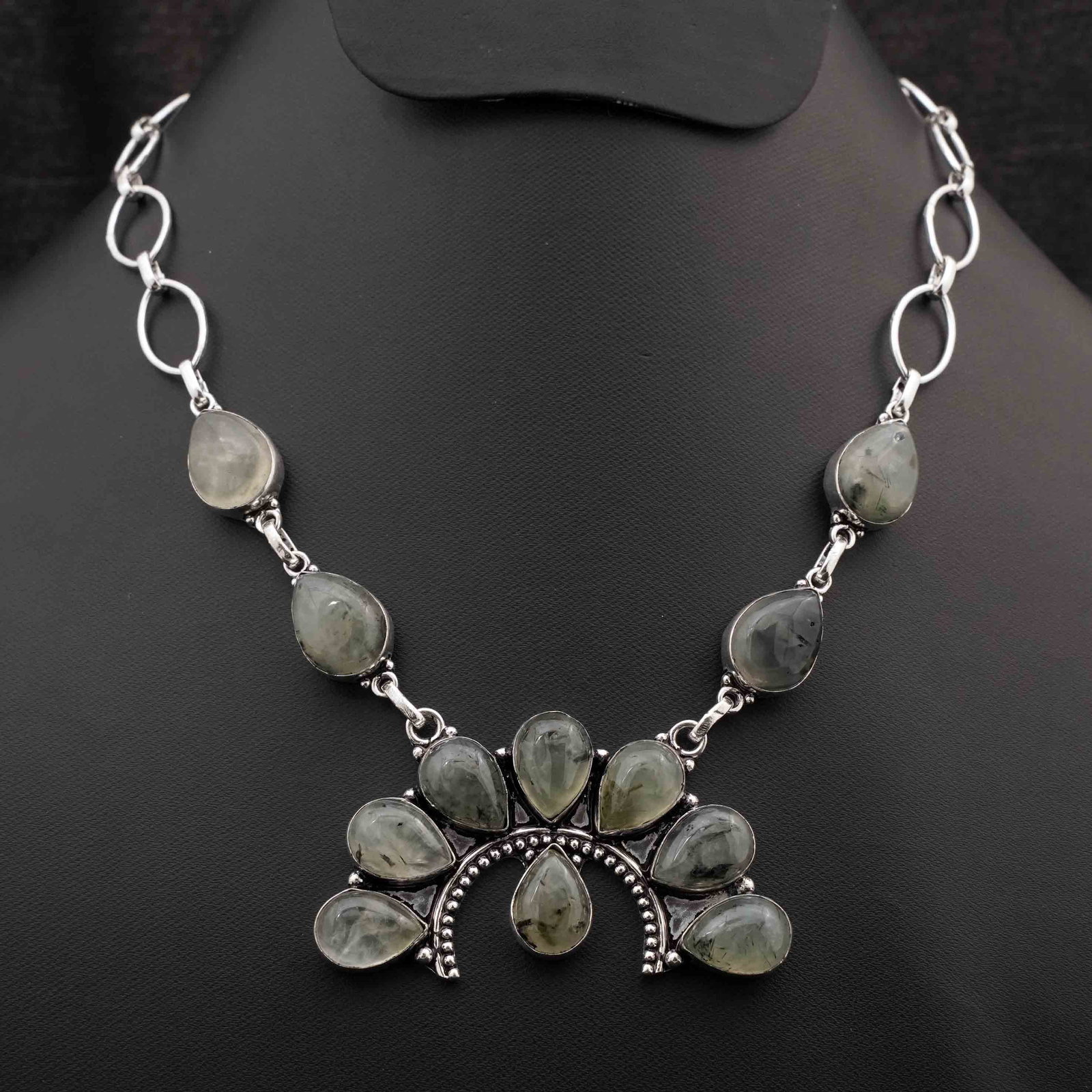 Natural Perhnite Silver Plated Handmade Choker Necklace: Product ID: 260416180236 Product - Handmade Silver Plated Necklace Metal - 92.5 Sterling Silver Plated Necklace Length - 18 Inch Gemstone - Perhnite Gemstone Size - 10X14 MM ( 8 Stone ), 12X16 MM ( 4 