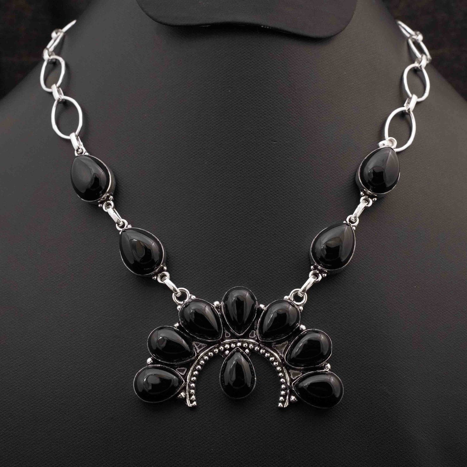 Natural Black Onyx Silver Plated Handmade Choker Necklace: Product ID: 260416174658 Product - Handmade Silver Plated Necklace Metal - 92.5 Sterling Silver Plated Necklace Length - 18 Inch Gemstone - Black Onyx Gemstone Size - 10X14 MM ( 8 Stone ) 12 X16 ( 4 S