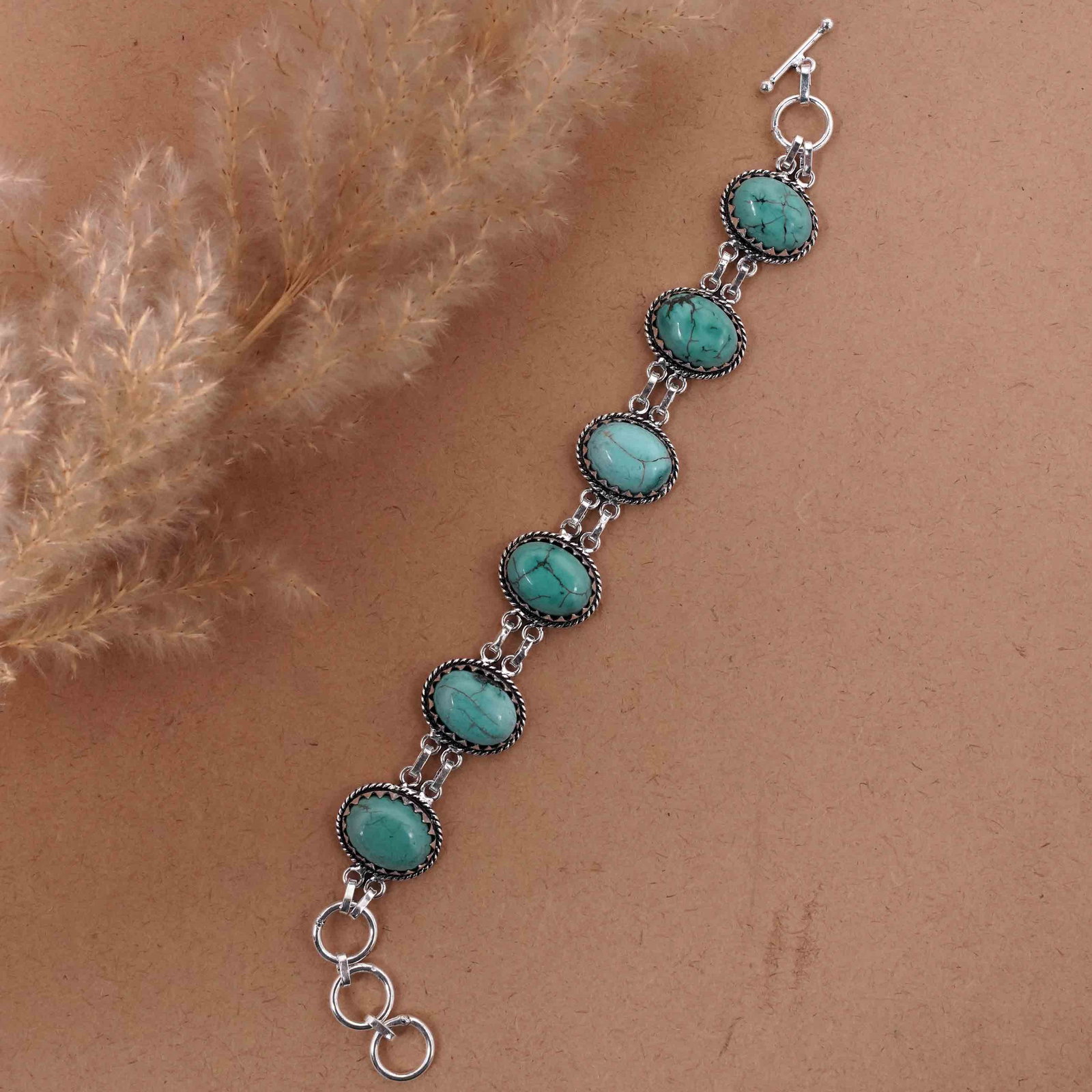 Natural Turquoise Silver Plated Handmade Bracelet: Product ID: 260416161414 Product - Handmade Silver Plated Bracelet Metal - 92.5 Sterling Silver Plated Bracelet Length - 6 Inch + 2 Inch Gemstone - Turquoise Gemstone Size -12X16 MM ( 6 Stone) Gemston