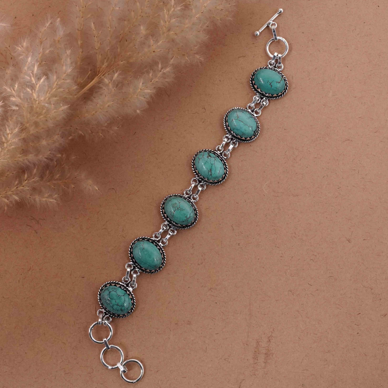 Natural Turquoise Silver Plated Handmade Bracelet: Product ID: 260416161204 Product - Handmade Silver Plated Bracelet Metal - 92.5 Sterling Silver Plated Bracelet Length - 6 Inch + 2 Inch Gemstone - Turquoise Gemstone Size -12X16 MM ( 6 Stone) Gemston