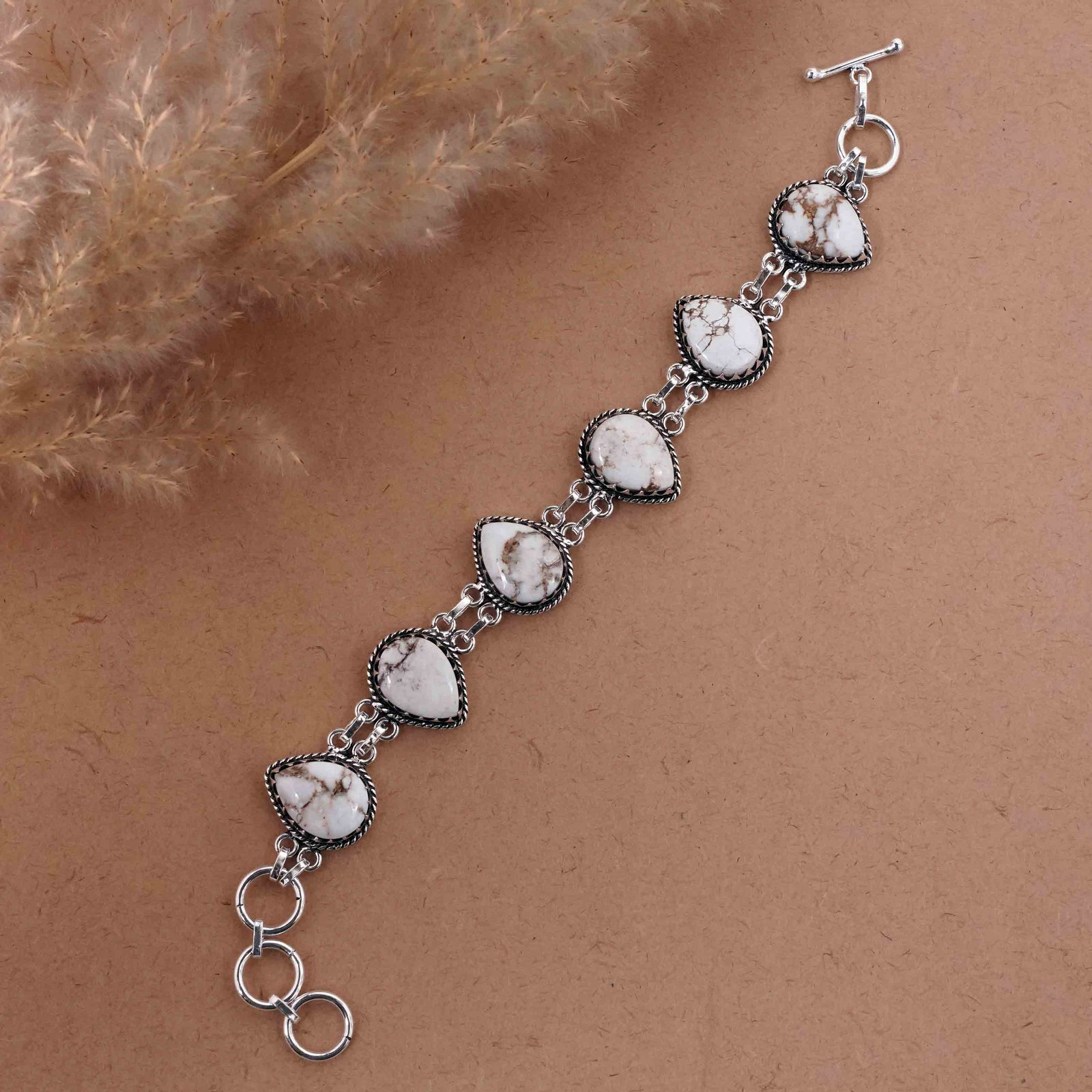 Natural Wild Horse Silver Plated Handmade Bracelet: Product ID: 260416160410 Product - Handmade Silver Plated Bracelet Metal - 92.5 Sterling Silver Plated Bracelet Length - 6 Inch + 2 Inch Gemstone - Wild Horse Gemstone Size -12X16 (6 Stone) Gemstone O