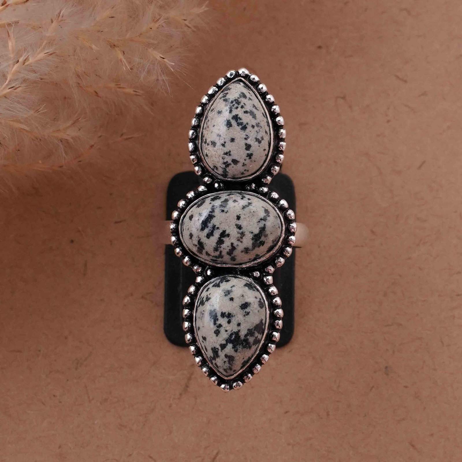 Natural Dalmatian Jasper Silver Plated Handmade Ring - 9MM: Product ID: 260417131931 Product - Handmade Silver Plated Ring Metal - 92.5 Sterling Silver Plated Ring Size - 9MM Gemstone - Dalmatian Gemstone Origin - Mexico Gemstone Size - 10X14 MM ( 3 Stone ) Ge