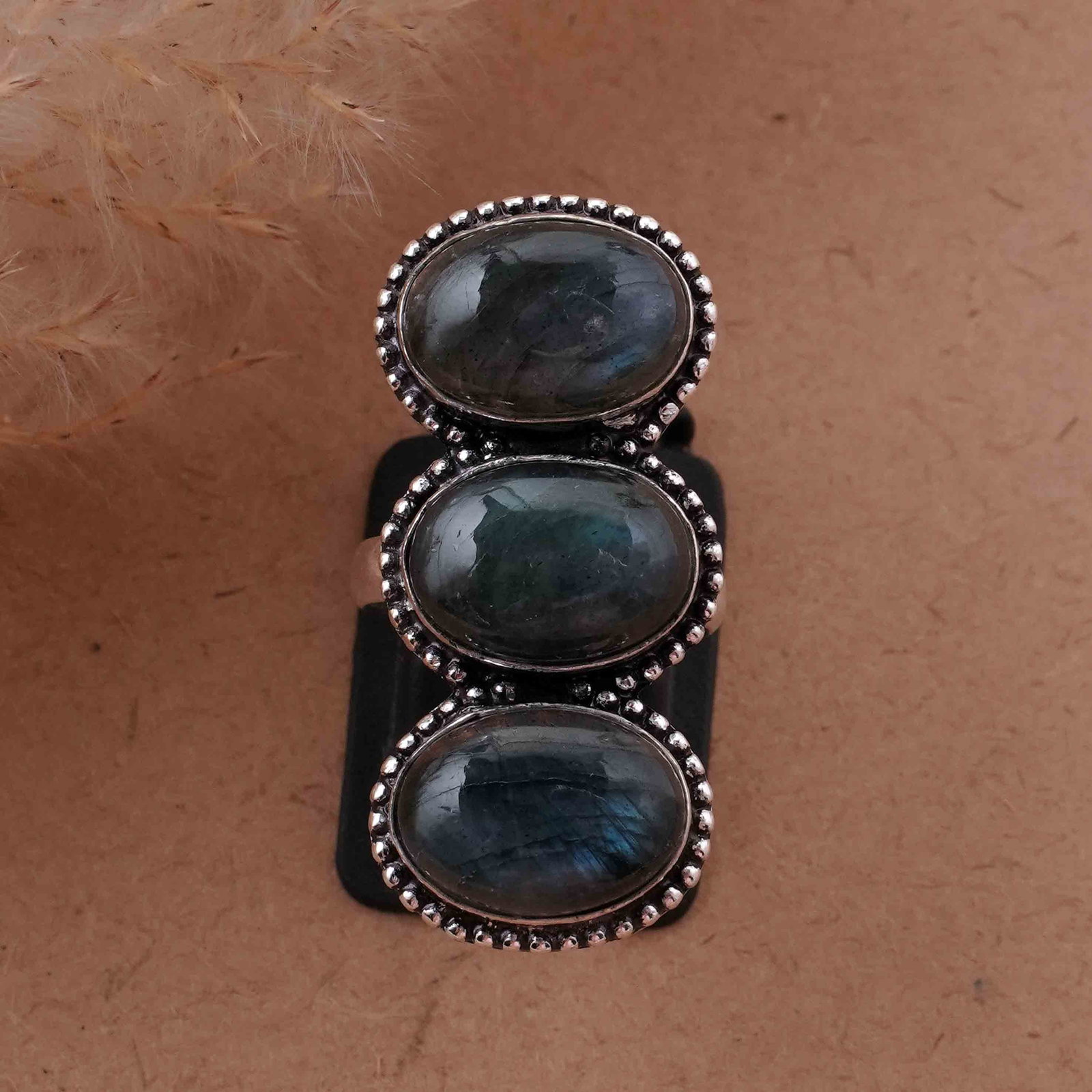 Natural Labradorite Silver Plated Handmade Ring - 6.5MM: Product ID: 260417131537 Product - Handmade Silver Plated Ring Metal - 92.5 Sterling Silver Plated Ring Size - 6.5MM Gemstone - Labradorite Gemstone Origin - Canada Gemstone Size - 10X14 MM ( 3 Stone 