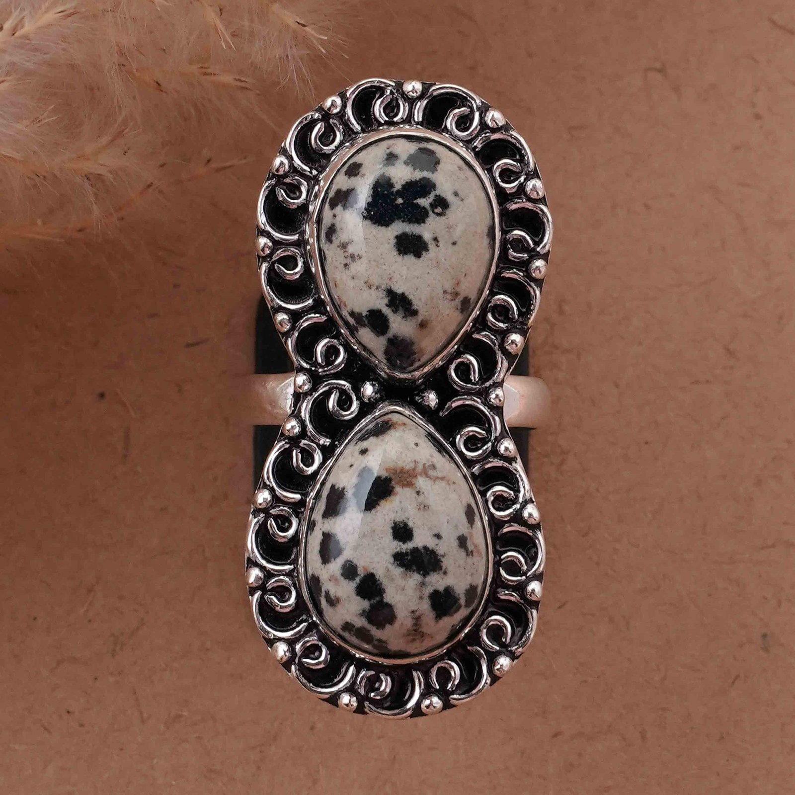 Natural Dalmatian Jasper Silver Plated Handmade Ring - 8.5MM: Product ID: 260417125540 Product - Handmade Silver Plated Ring Metal - 92.5 Sterling Silver Plated Ring Size - 8.5MM Gemstone - Dalmatian Gemstone Origin - Mexico Gemstone Size - 12X16 MM ( 2 Stone ) 