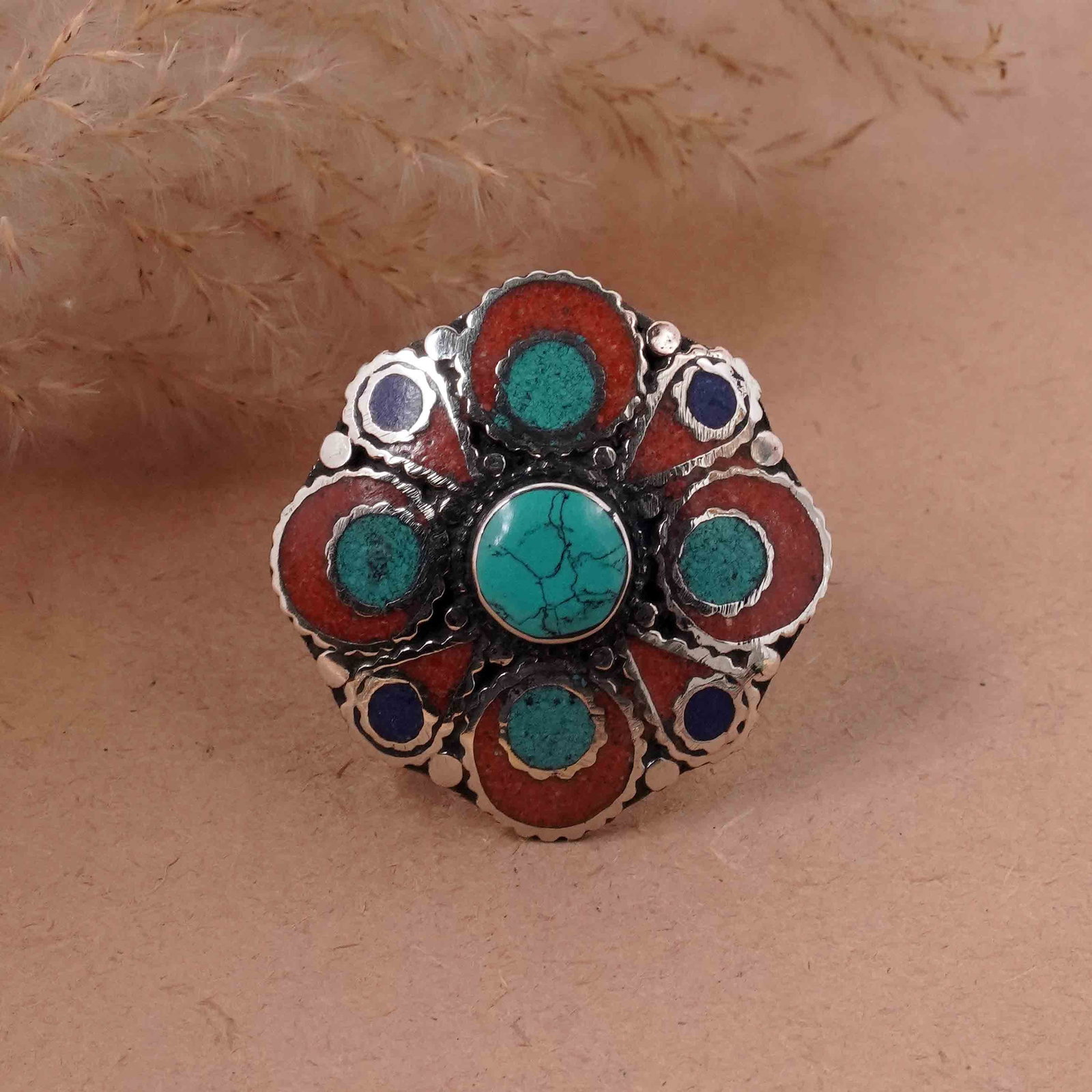 Tibetan Turquoise & Coral Handmade Ring - Free Size: Product ID: 260417121726 Product - Tibetan Handmade Ethnic Ring Ring Size - Free Size Ring Weight - 19 Gram Gemstone - Natural Turquoise & Coral & Lapis Metal - Brass & Copper mix Metal Origin - Nepal