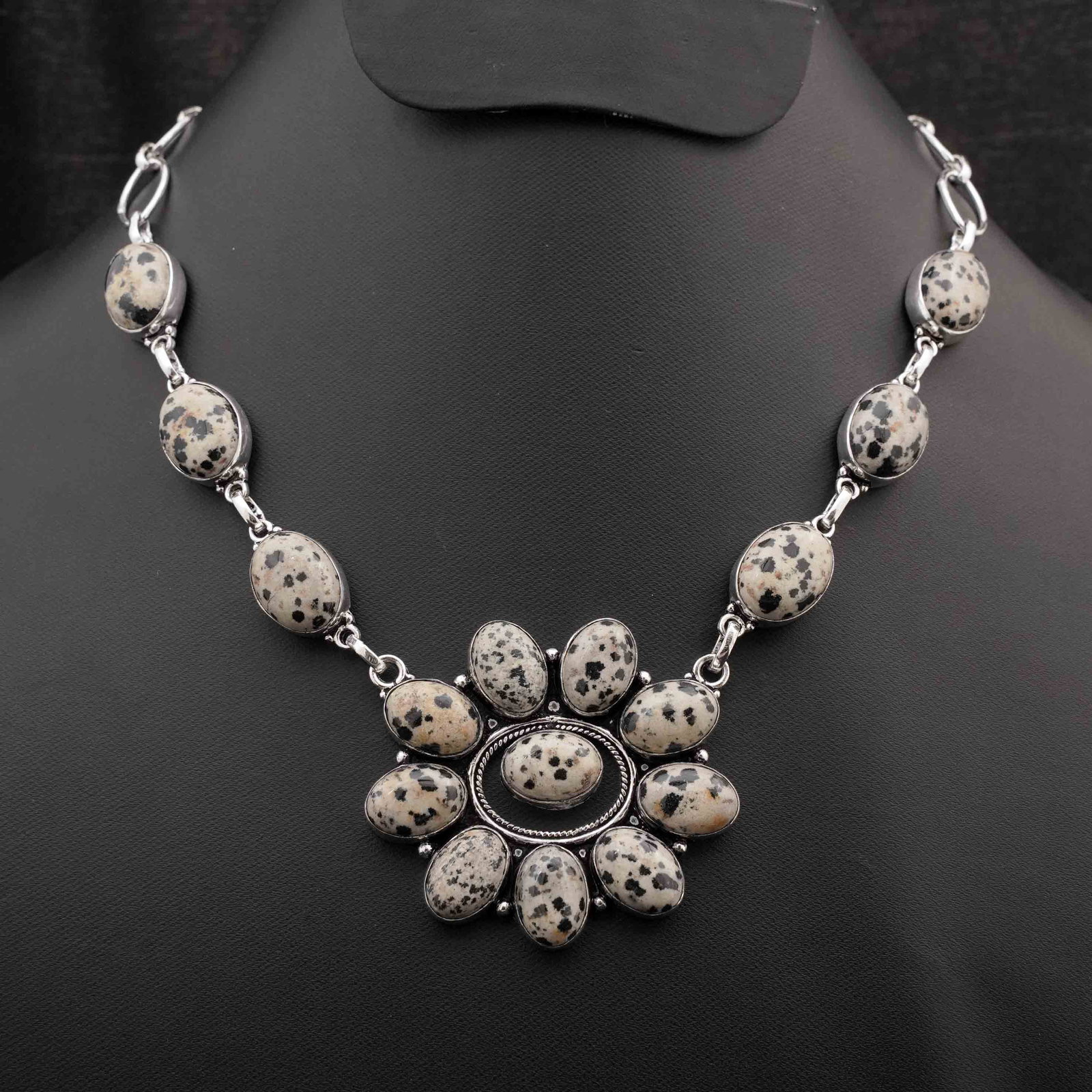Natural Dalmatian Silver Plated Handmade Choker Necklace: Product ID: 260416180608 Product - Handmade Silver Plated Necklace Metal - 92.5 Sterling Silver Plated Necklace Length - 18 Inch Gemstone - Dalmatian Jasper Gemstone Size - 10X14 MM ( 10 Stone ), 12X1