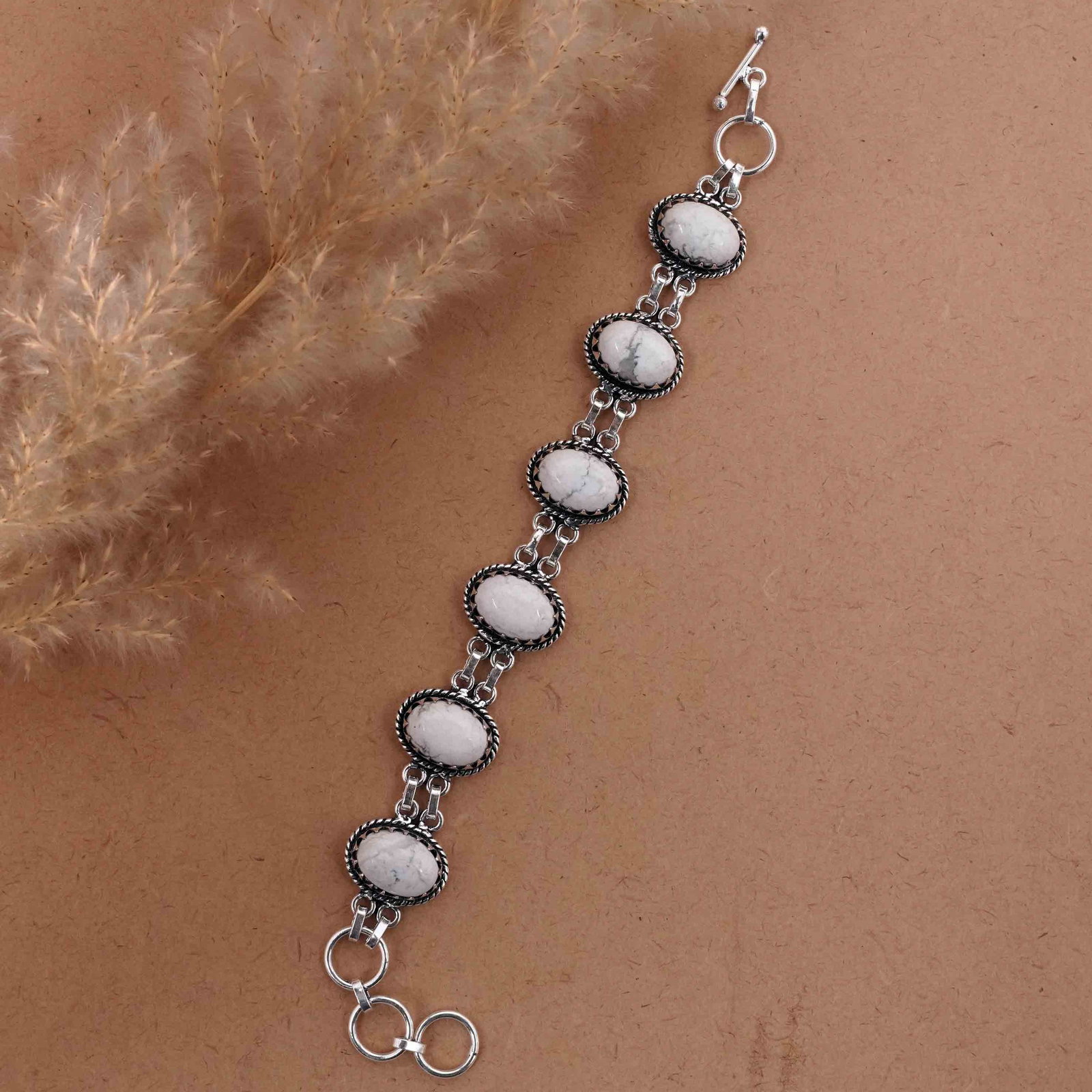 Natural Howlite Silver Plated Handmade Bracelet: Product ID: 260416161520 Product - Handmade Silver Plated Bracelet Metal - 92.5 Sterling Silver Plated Bracelet Length - 6 Inch + 2 Inch Gemstone - Howlite Gemstone Size -10X14 ( 6 Stone) Gemstone Ori