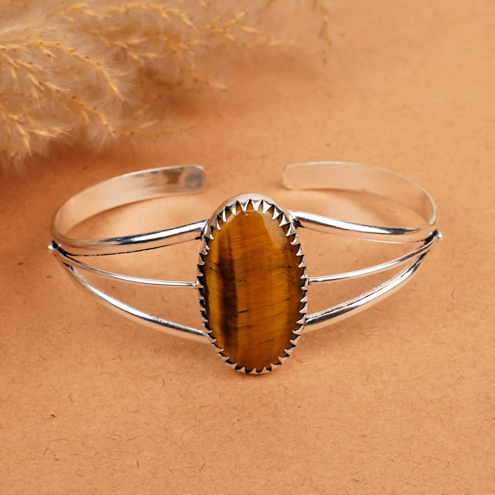 Natural Tiger Eye Silver Plated Handmade Cuff Bangle: Product ID: 260412133502 Product - Handmade Silver Plated Cuff Bangle Metal - 92.5 Sterling Silver Plated Bangle Size - 7.5x5.5 CM (Adjustable) Gemstone -Tiger Eye Gemstone Origin - South Africa Gemst