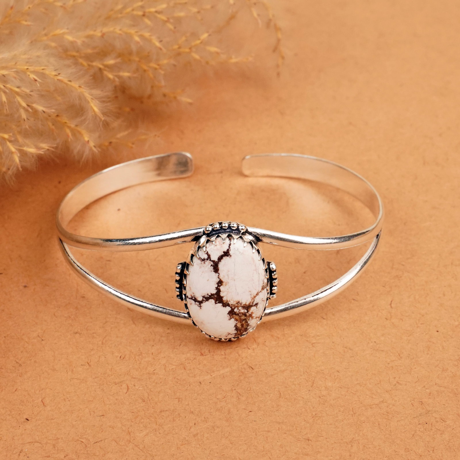 Natural Wild Horse Silver Plated Handmade Cuff Bangle: Product ID: 260412133403 Product - Handmade Silver Plated Cuff Bangle Metal - 92.5 Sterling Silver Plated Bangle Size - 7.5x5.5 CM (Adjustable) Gemstone - Wild Horse Gemstone Origin - United States Ge