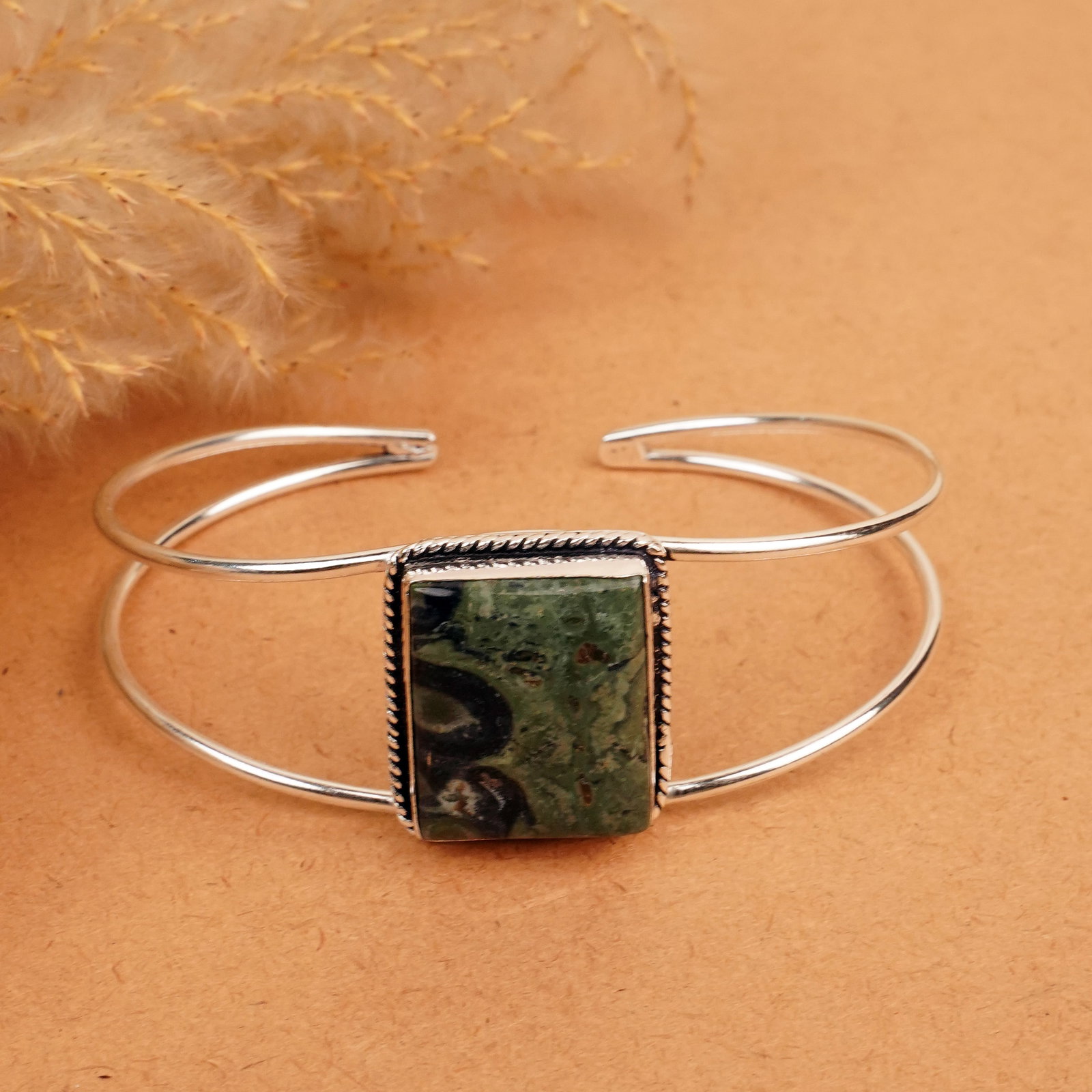 Natural Kambaba Jasper Silver Plated Handmade Cuff Bangle: Product ID: 260412132838 Product - Handmade Silver Plated Cuff Bangle Metal - 92.5 Sterling Silver Plated Bangle Size - 7.5x5.5 CM (Adjustable) Gemstone -Kambaba Jasper Gemstone Origin -Madagascar Gem