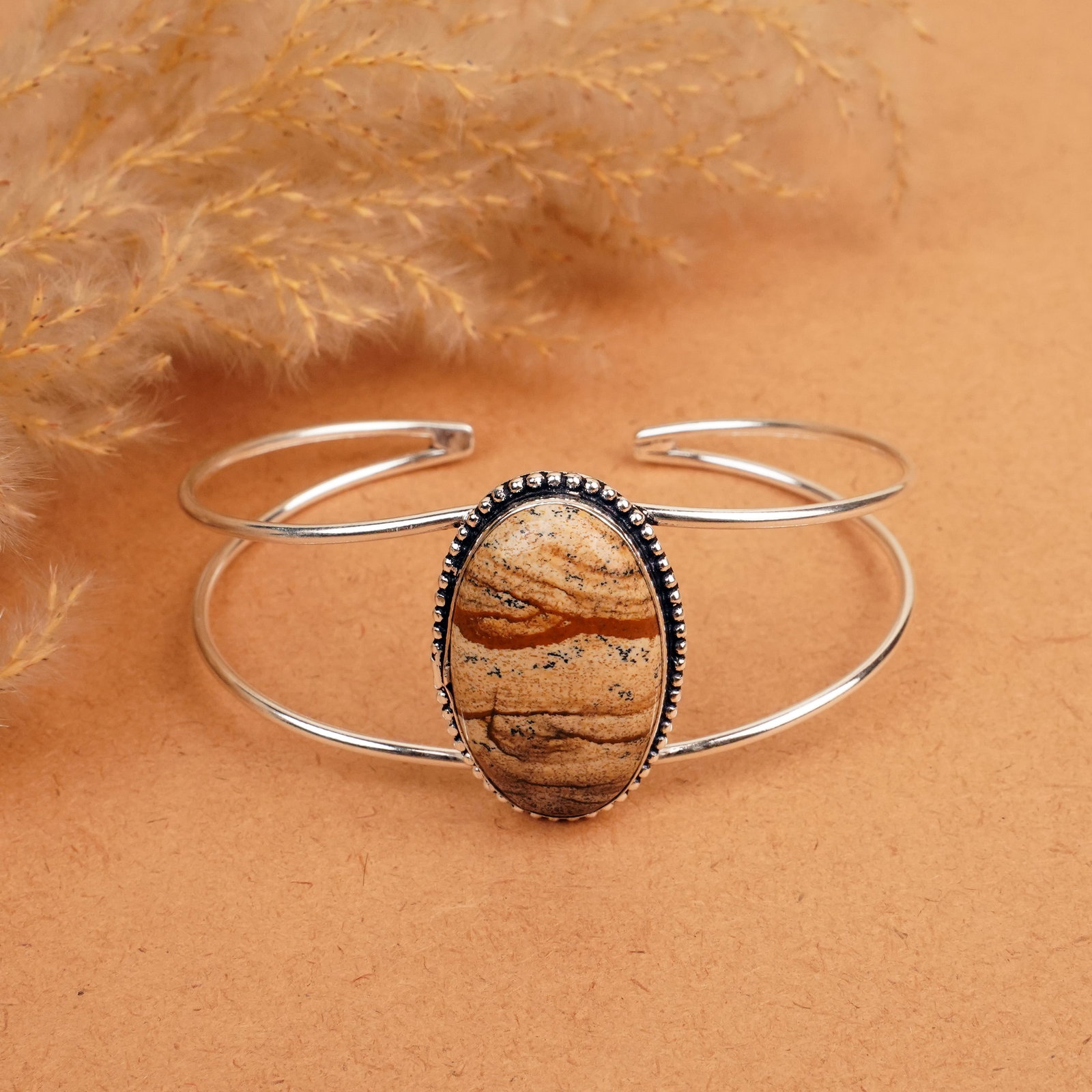 Natural Picture Jasper Silver Plated Handmade Cuff Bangle: Product ID: 260412111944 Product - Handmade Silver Plated Cuff Bangle Metal - 92.5 Sterling Silver Plated Bangle Size - 7.5x5.5 CM (Adjustable) Gemstone - Picture Jasper Gemstone Origin - Indonesia Ge