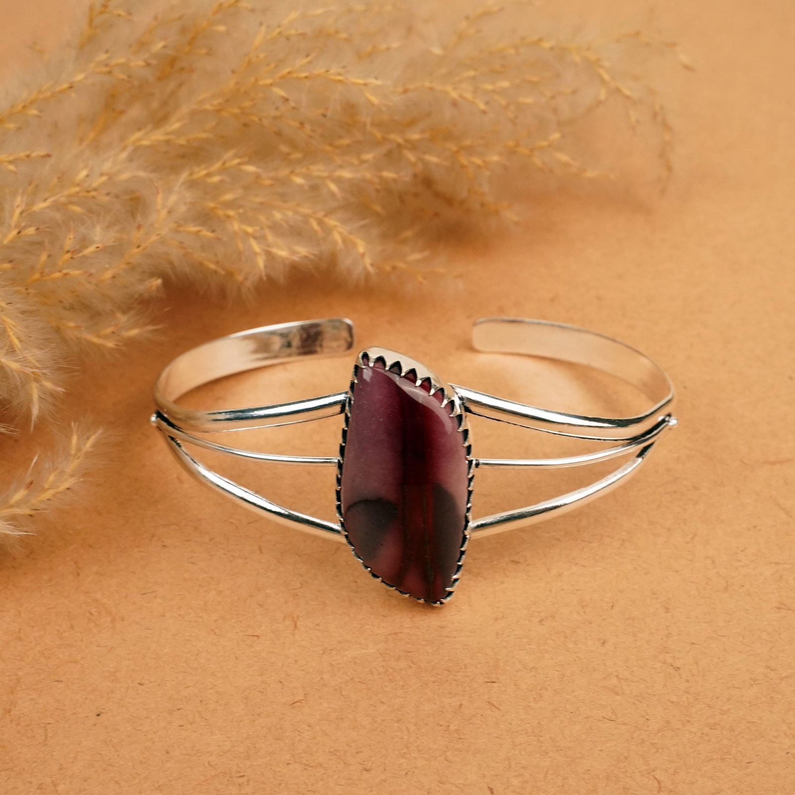 Natural Mookaite Jasper Silver Plated Handmade Cuff Bangle (1 of 4)