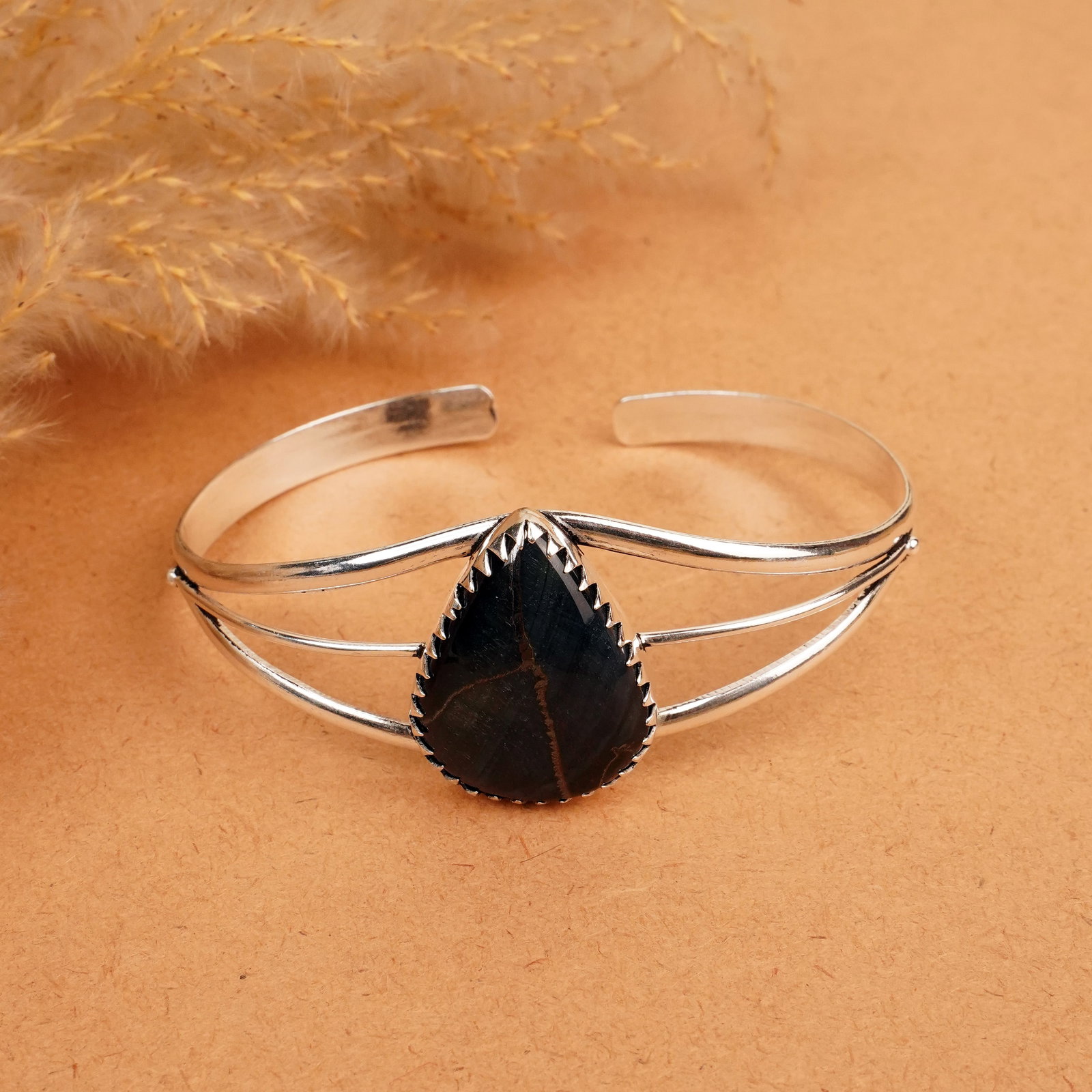 Natural Black Tiger Eye Silver Plated Handmade Cuff Bangle (1 of 4)
