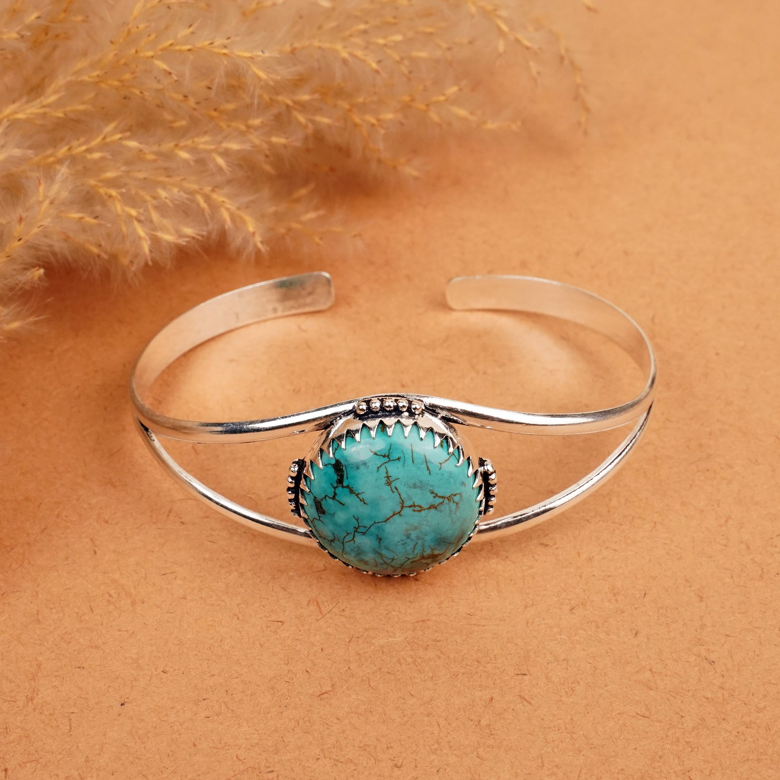 Natural Turquoise Silver Plated Handmade Cuff Bangle: Product ID: 260412111001 Product - Handmade Silver Plated Cuff Bangle Metal - 92.5 Sterling Silver Plated Bangle Size - 7.5x5.5 CM (Adjustable) Gemstone - Turquoise Gemstone Origin - Tibet Gemstone Si