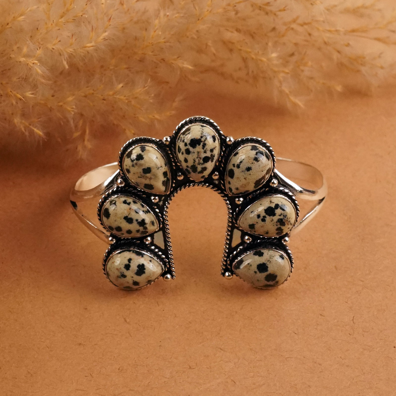 Natural Dalmatian Jasper Silver Plated Handmade Cuff Bangle: Product ID: 260411164920 Product - Handmade Silver Plated Cuff Bangle Metal - 92.5 Sterling Silver Plated Bangle Size - 6.5x4 CM (Adjustable) Gemstone - Dalmatian Jasper Gemstone Origin - Mexico Gemst