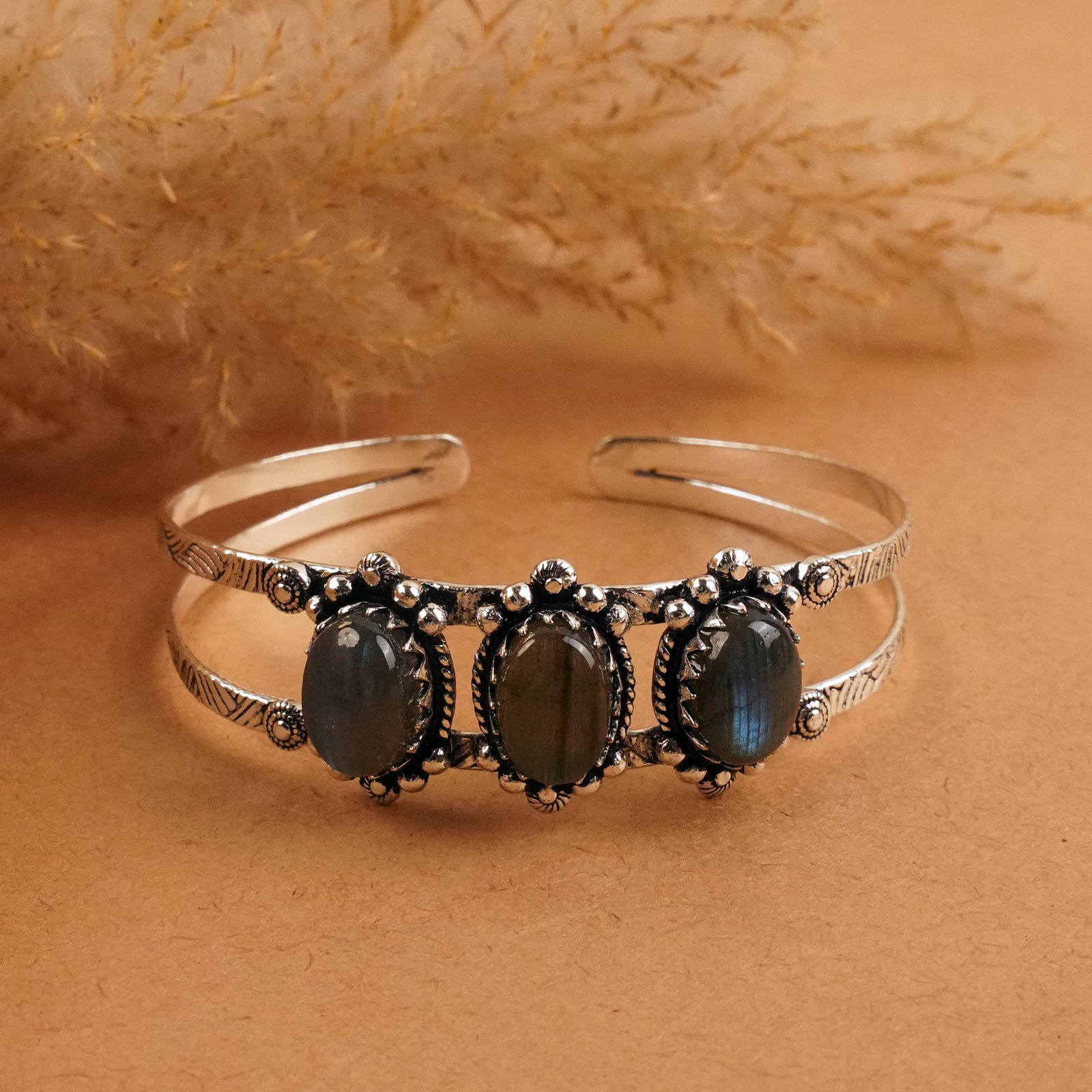 Natural Labradorite Silver Plated Handmade Cuff Bangle (1 of 4)