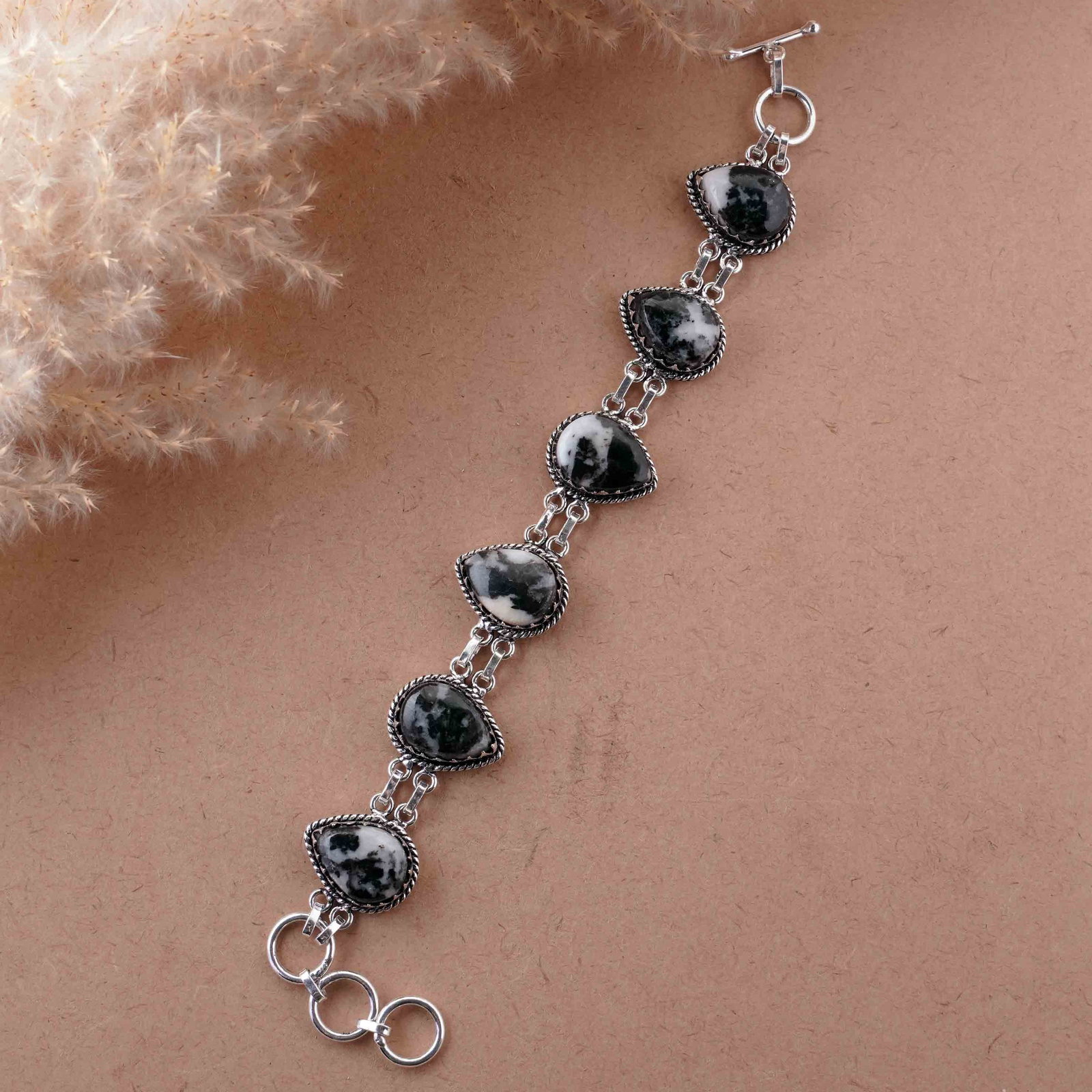 Natural Zebra Jasper Silver Plated Handmade Bracelet: Product ID: 260418121129 Product - Handmade Silver Plated Bracelet Metal - 92.5 Sterling Silver Plated Bracelet Length - 5 Inch + 2 Inch Gemstone - Zebra Jasper / White Buffalo Gemstone Size -12X16 MM