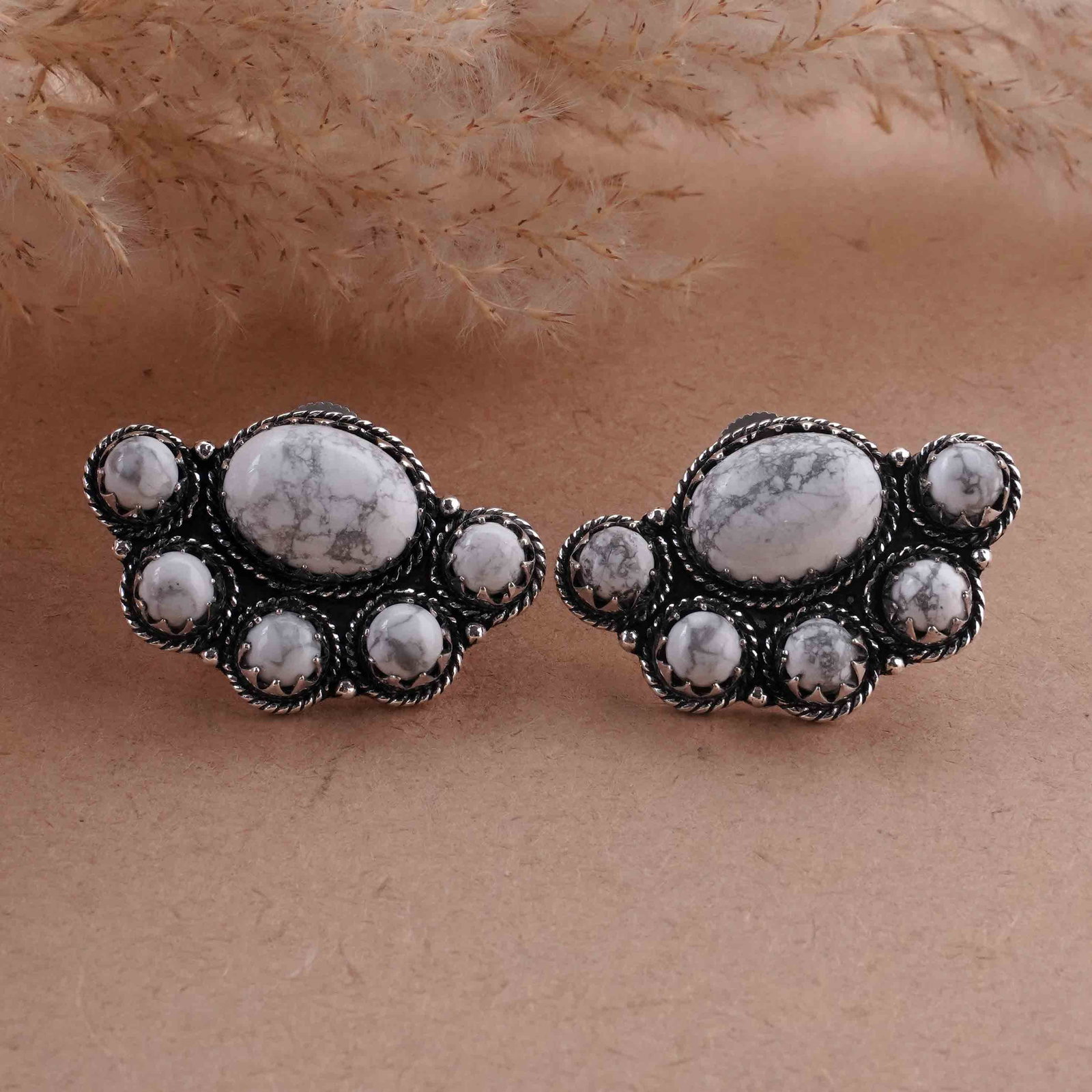 Natural Howlite Silver Plated Handmade Stud Earring: Product ID: 260418103628 Product - Handmade Silver Plated Stud Earring Metal - 92.5 Sterling Silver Plated Earring Type - Stud Gemstone - Howlite Gemstone Origin - Canada Gemstone Size - 10X14 MM ( 2 