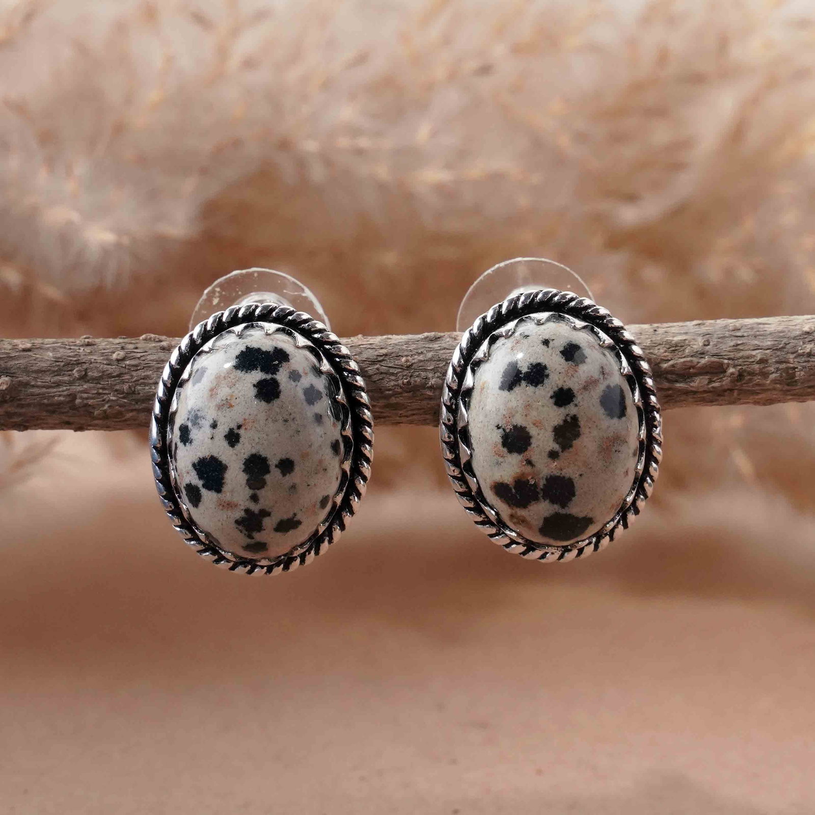 Natural Dalmatian Jasper Silver Plated Handmade Stud Earring: Product ID: 260417162144 Product - Handmade Silver Plated Stud Earring Metal - 92.5 Sterling Silver Plated Earring Type - Stud Gemstone - Dalmatian Gemstone Origin - Mexico Gemstone Size - 12X16 MM ( 