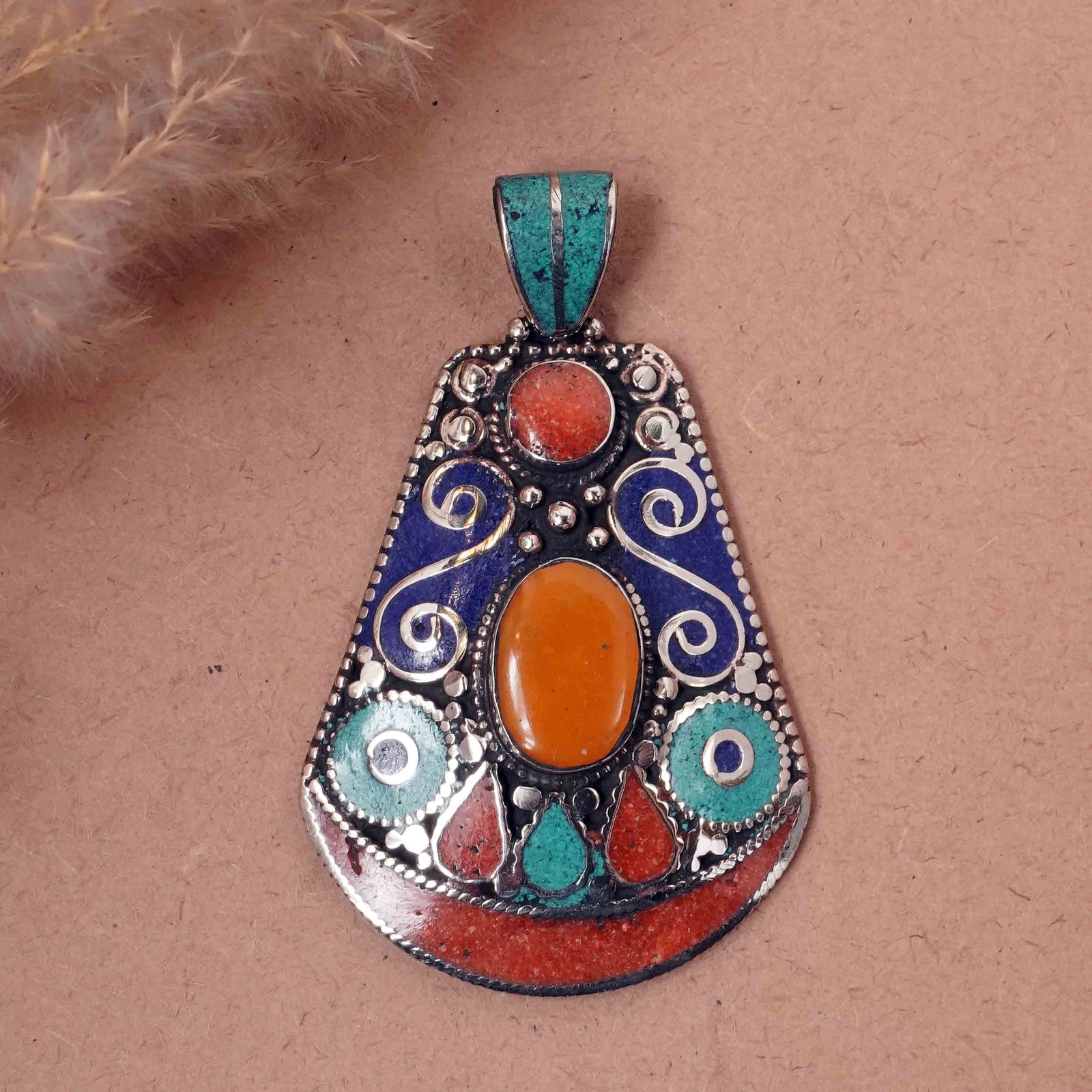 Tibetan Turquoise & Coral Handmade Ethnic Choker Pendant (1 of 3)