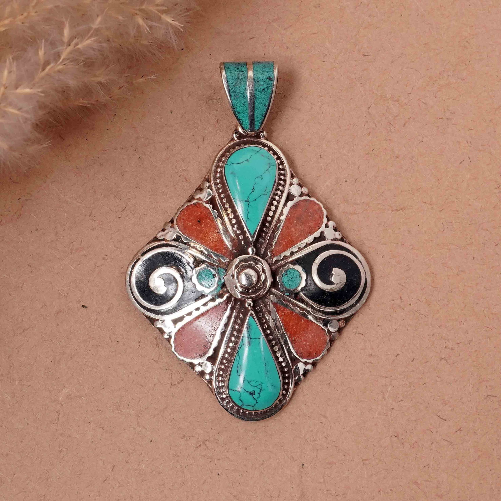 Tibetan Turquoise & Coral Handmade Royal Pendant: Product ID: 260417145914 Product - Tibetan Handmade Ethnic Pendant Gemstone - Natural Turquoise & Coral & Black Onyx Pendant Size - 6X5 CM Pendant Weight - 25 Gram Metal - Brass & Copper mix Metal Ori