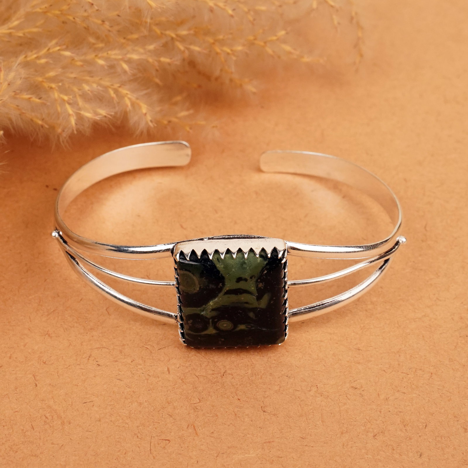 Natural Kambaba Jasper Silver Plated Handmade Cuff Bangle: Product ID: 260412115006 Product - Handmade Silver Plated Cuff Bangle Metal - 92.5 Sterling Silver Plated Bangle Size - 7x5 CM (Adjustable) Gemstone - Kambaba Jasper Gemstone Origin - Madagascar Gemst