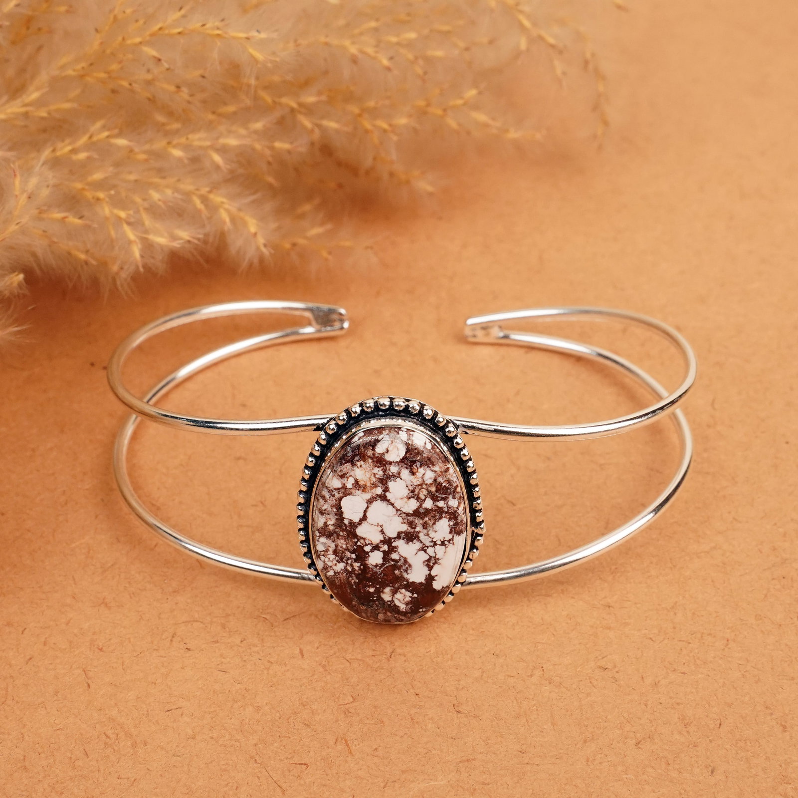 Natural Wild Horse Silver Plated Handmade Cuff Bangle: Product ID: 260412114818 Product - Handmade Silver Plated Cuff Bangle Metal - 92.5 Sterling Silver Plated Bangle Size - 7.5x5.5 CM (Adjustable) Gemstone - Wild Horse Gemstone Origin - United States Ge