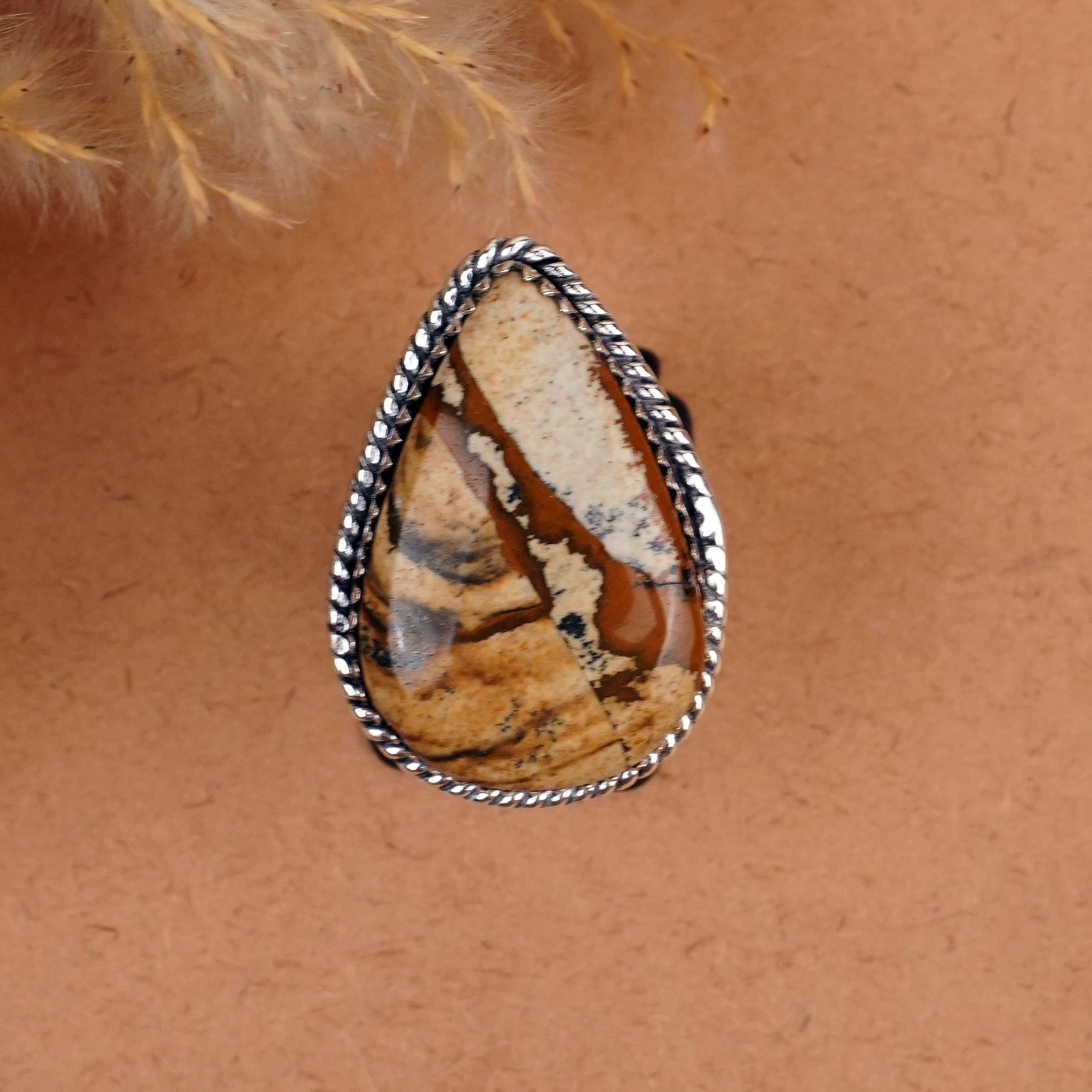 Natural Picture Jasper Silver Plated Handmade Ring - 9.5MM: Product ID: 260410185434 Product - Handmade Silver Plated Ring Metal - 92.5 Sterling Silver Plated Ring Size - 9.5MM Gemstone - Picture Jasper Gemstone Origin - United States Gemstone Size - 24X20 MM 