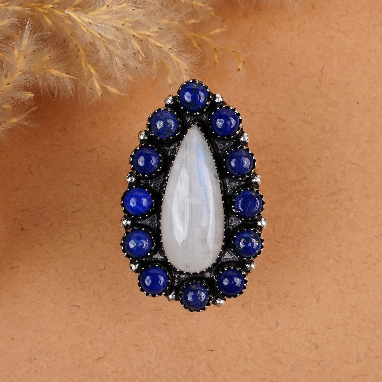 Natural Rainbow Moonstone / Lapis Silver Plated Handmade Ring - 8.5MM (1 of 3)